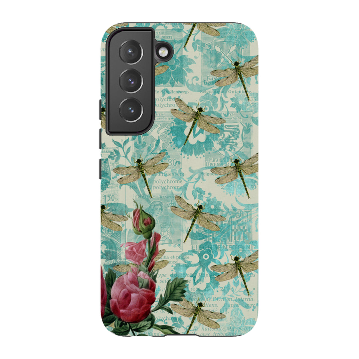 Samsung Galaxy tough case with teal dragonfly and vintage floral print, featuring a dual-layer protective design.