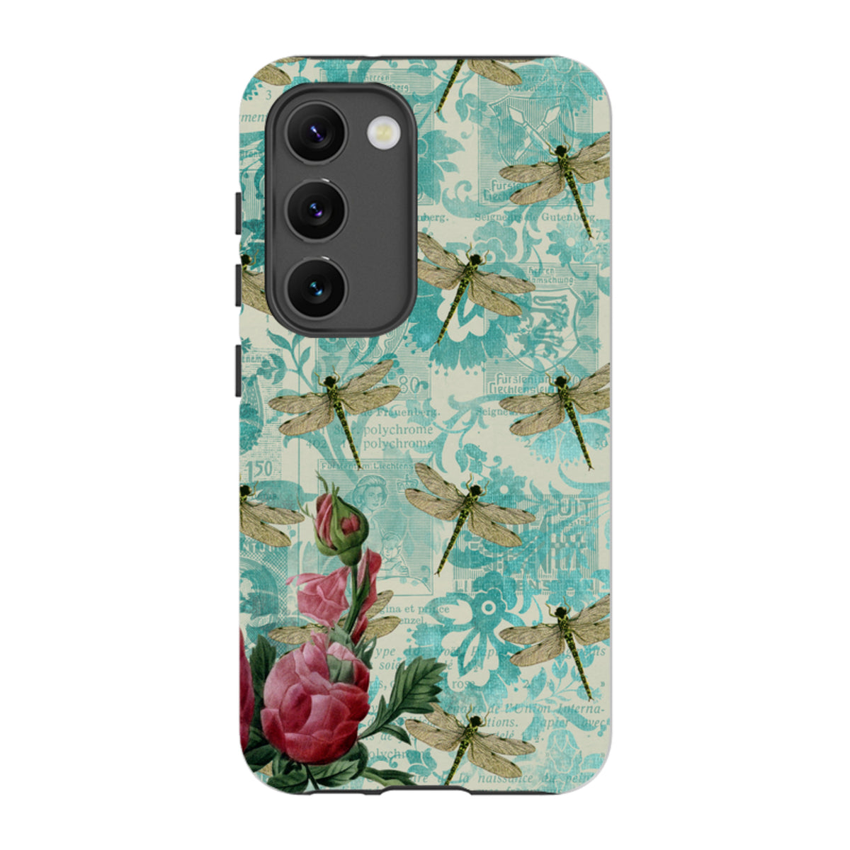 Samsung Tough Case featuring a teal vintage collage background with dragonflies and pink roses on a dual-layer phone cover.