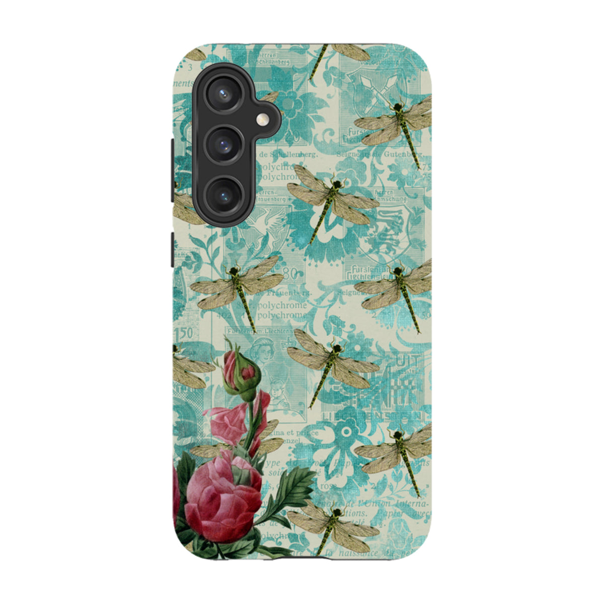 Samsung tough case featuring a teal vintage collage background with dragonflies and pink roses.