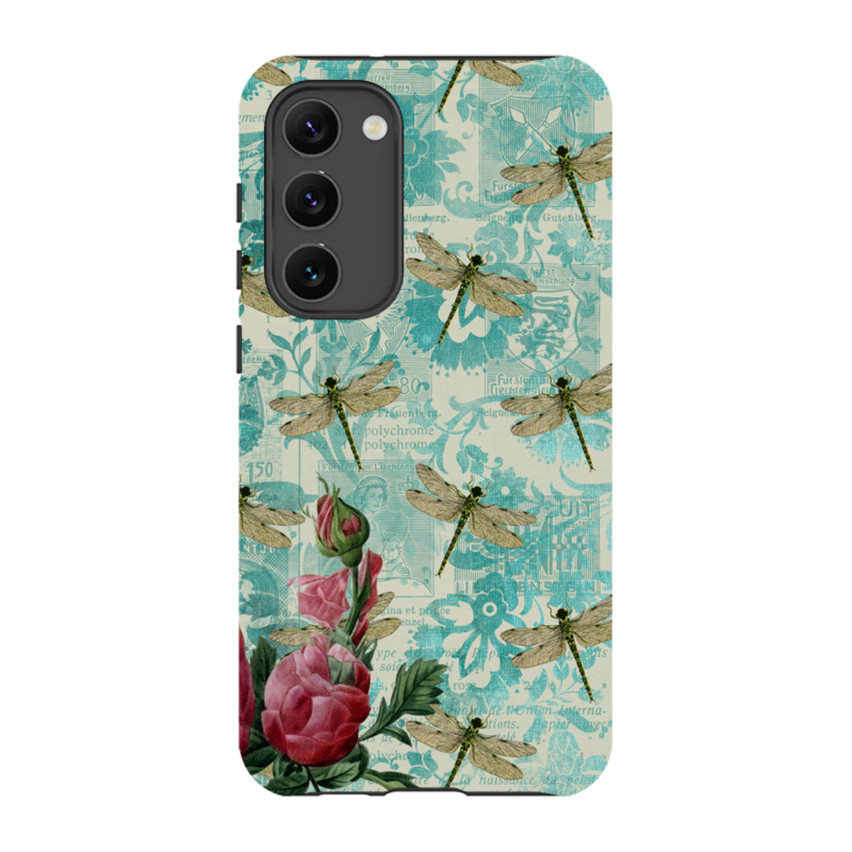 Samsung Tough Case featuring a vintage teal collage design with dragonflies and pink roses on a dual-layer phone cover.