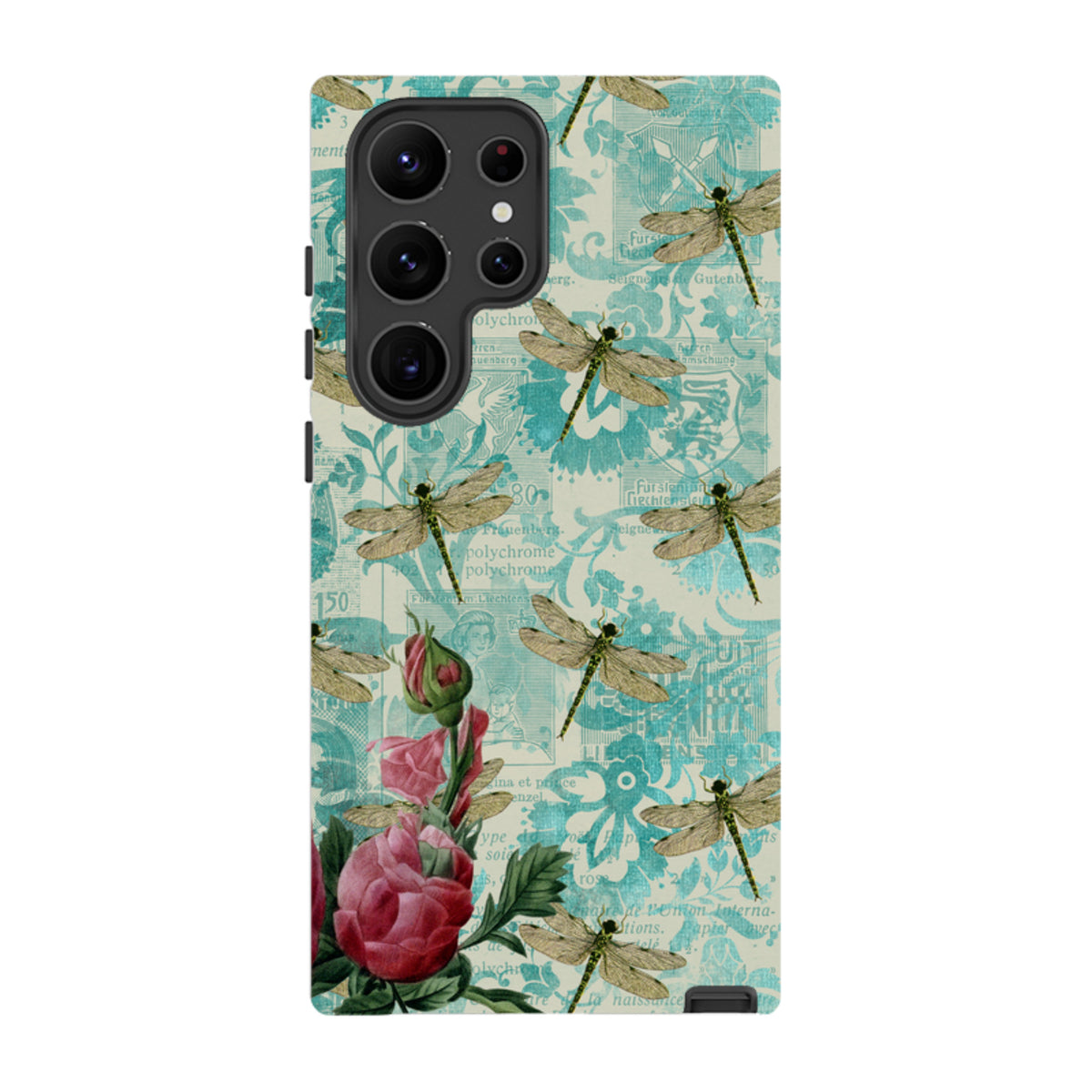 Samsung Tough Case featuring a teal vintage collage with dragonflies and pink roses on a dual-layer protective shell.