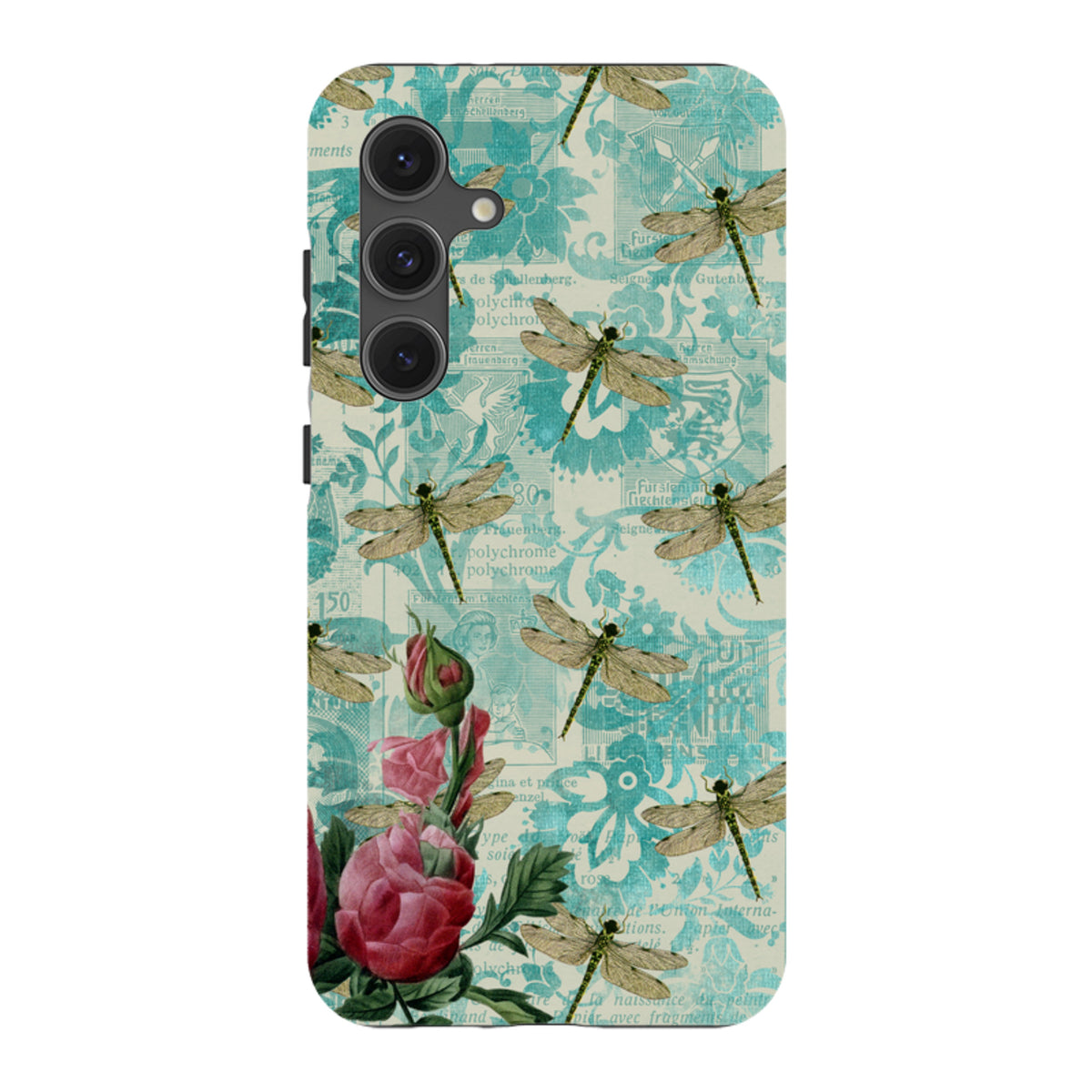 Samsung Tough Case featuring a vintage teal dragonfly and floral collage design with a durable dual-layer protective shell.