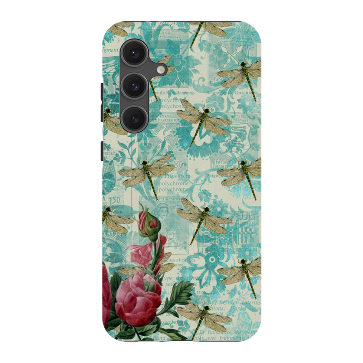 Samsung Tough Case featuring a vintage teal collage background with dragonflies and pink rose floral accents.