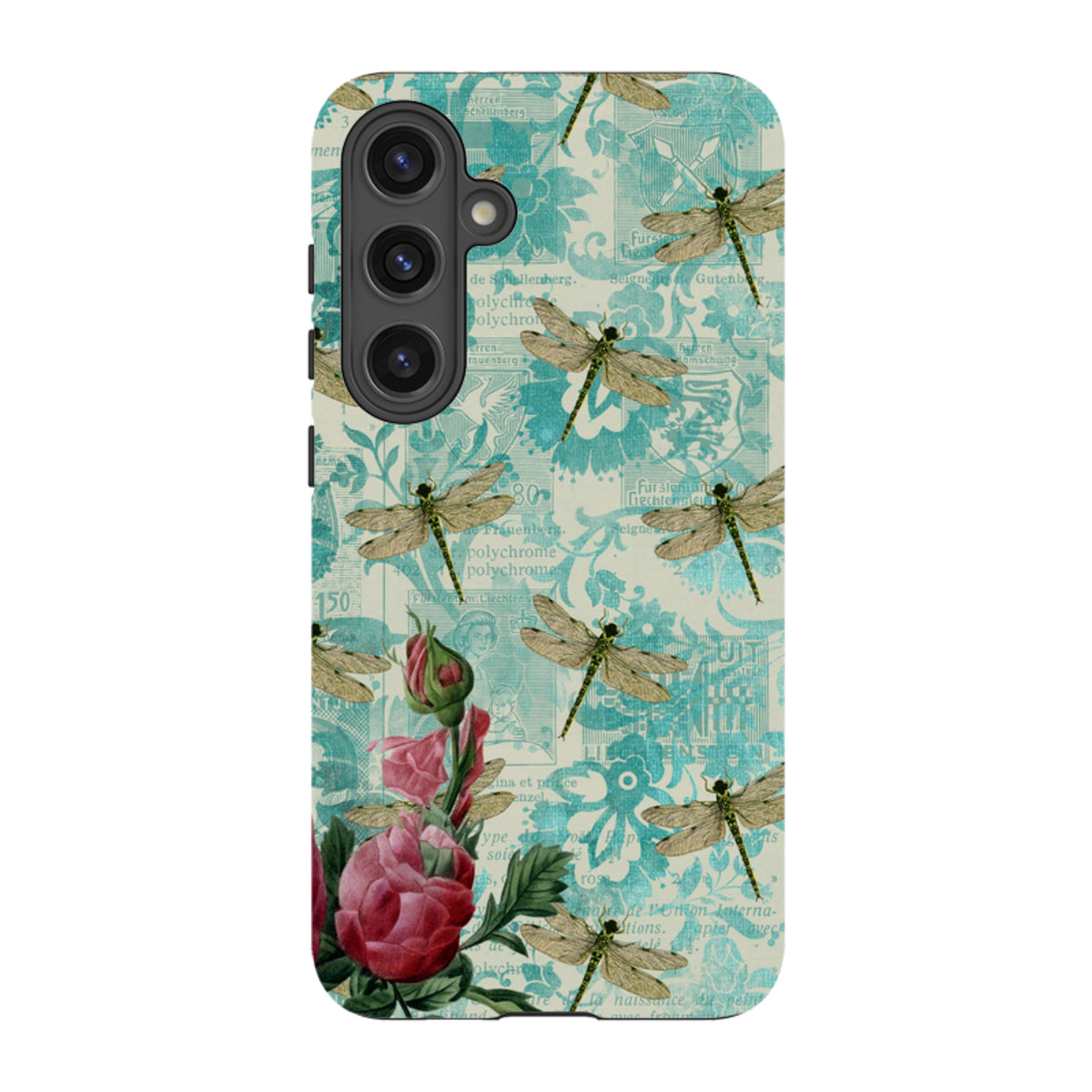 Samsung Tough Case featuring a vintage teal dragonfly pattern, floral accents, and a durable dual-layer protective shell.
