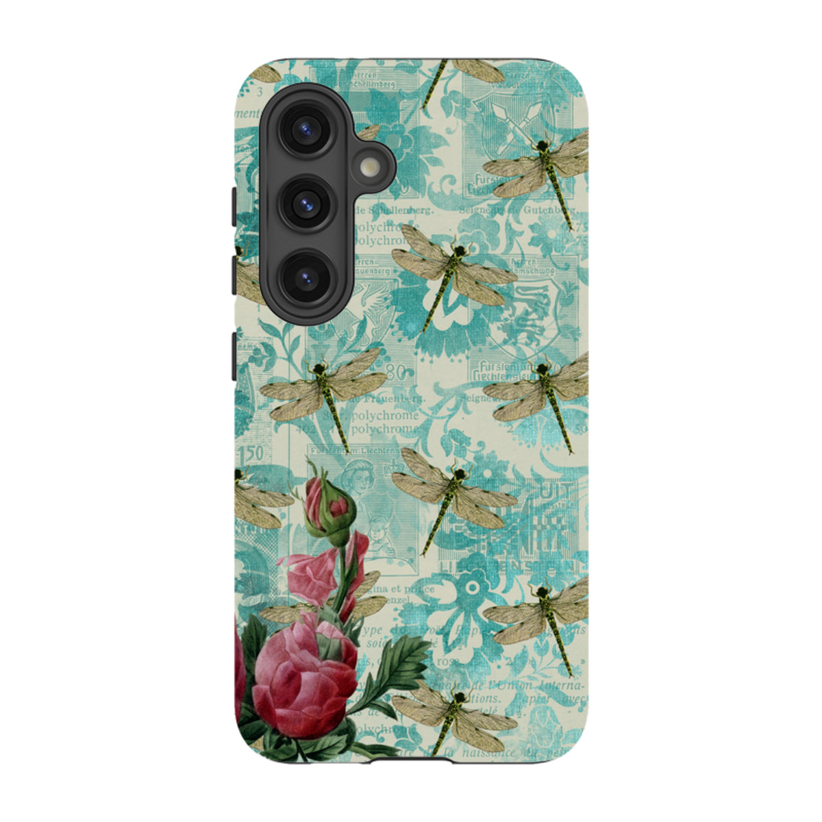 Samsung Tough Case featuring a vintage teal dragonfly and floral pattern with a durable dual-layer protective design.