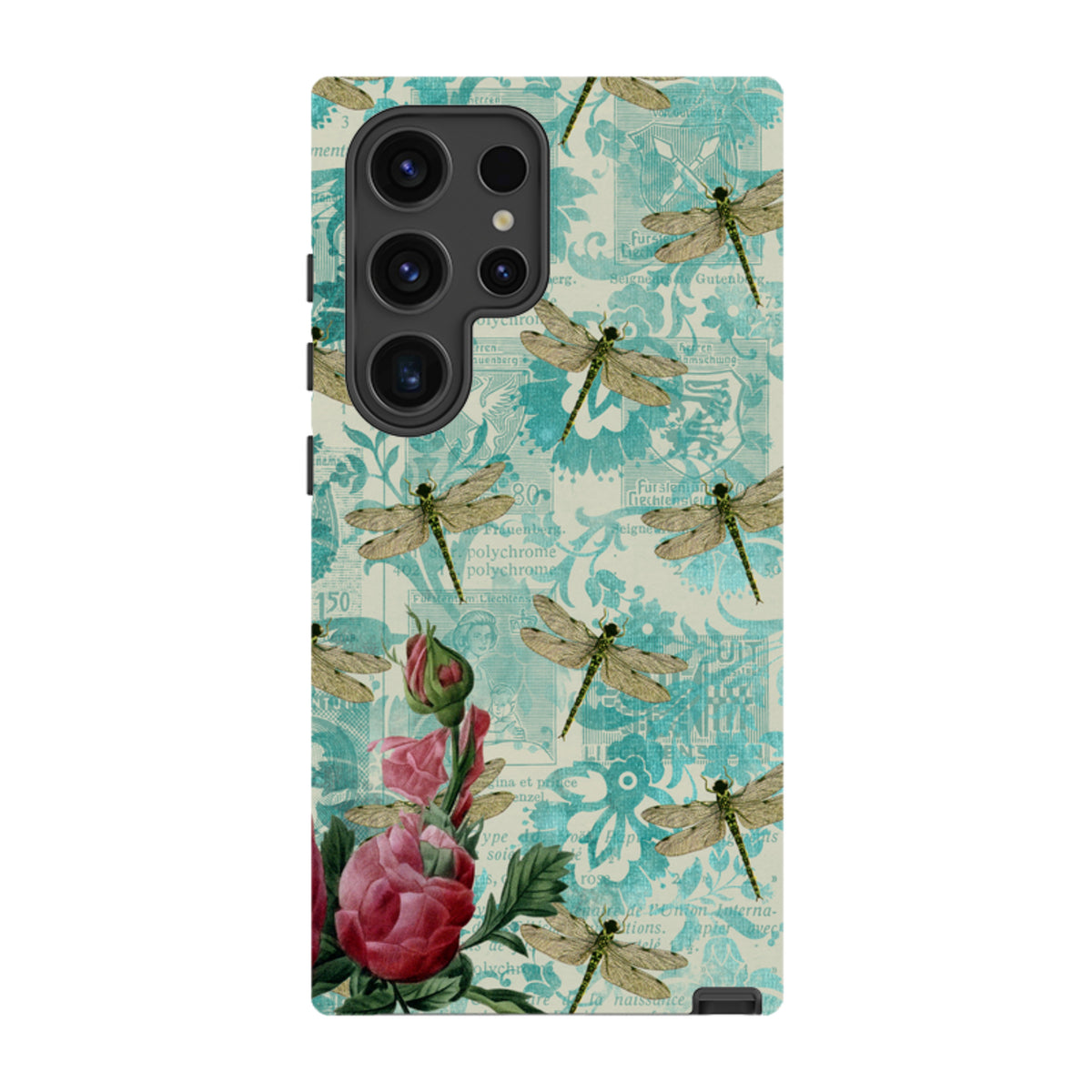 Samsung Galaxy tough case featuring a vintage teal collage with dragonflies and pink roses in a dual-layer design.