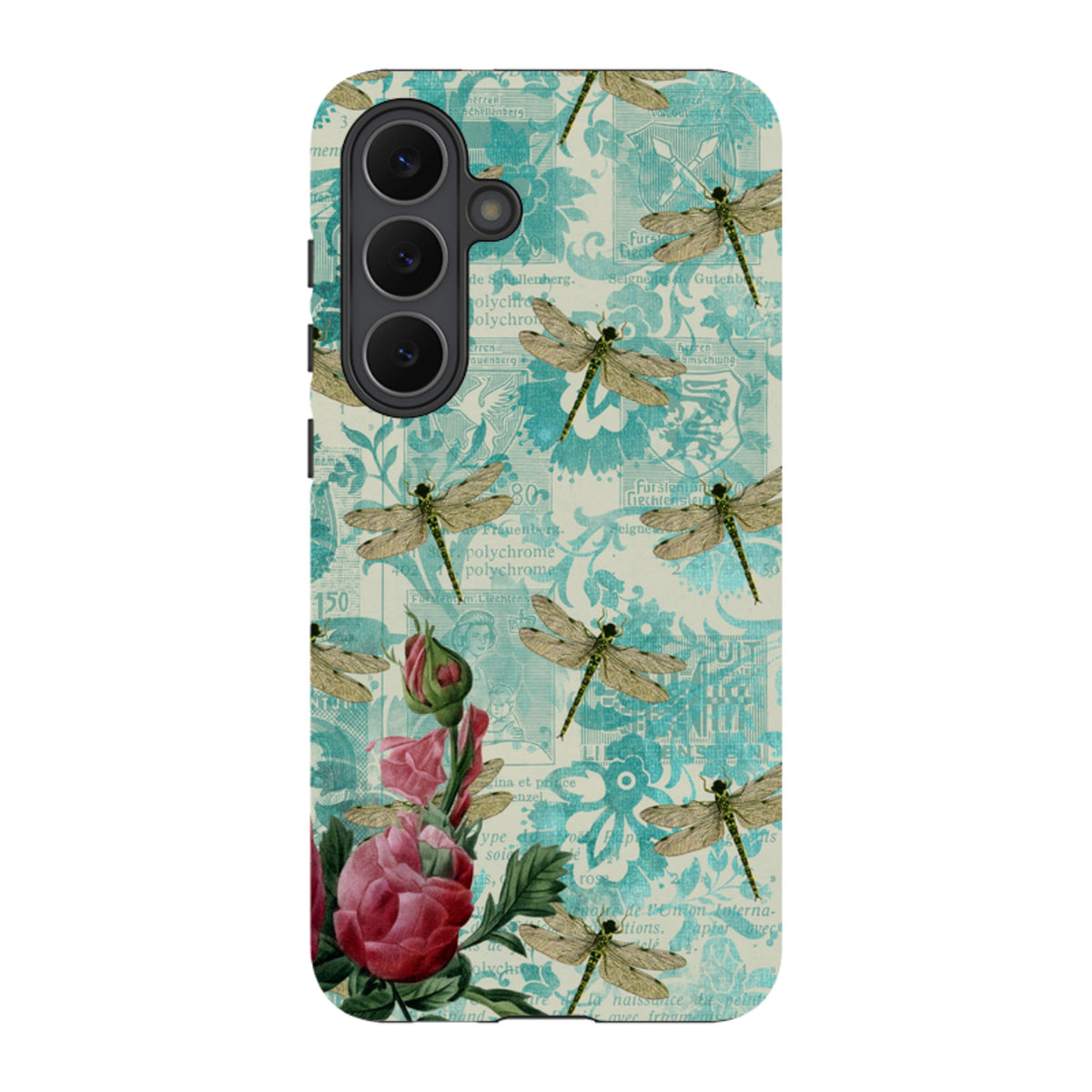 Samsung Tough Case featuring a teal vintage collage background with dragonflies and pink roses for Galaxy phones.
