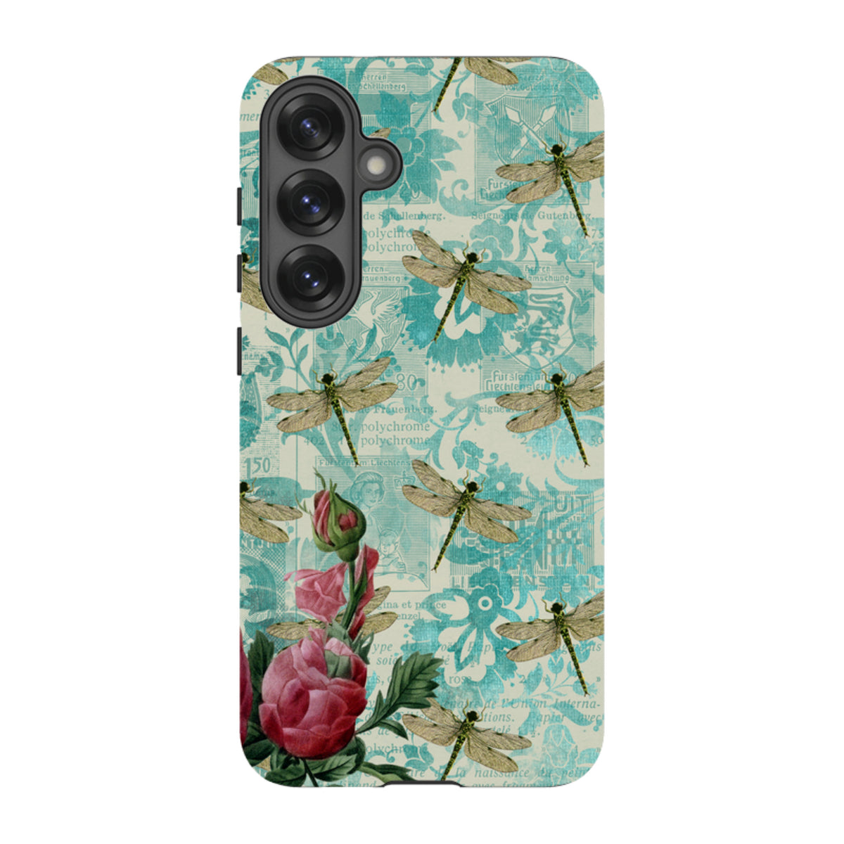 Samsung Tough Case with vintage dragonfly and floral print on a light blue collage background for Galaxy phones.