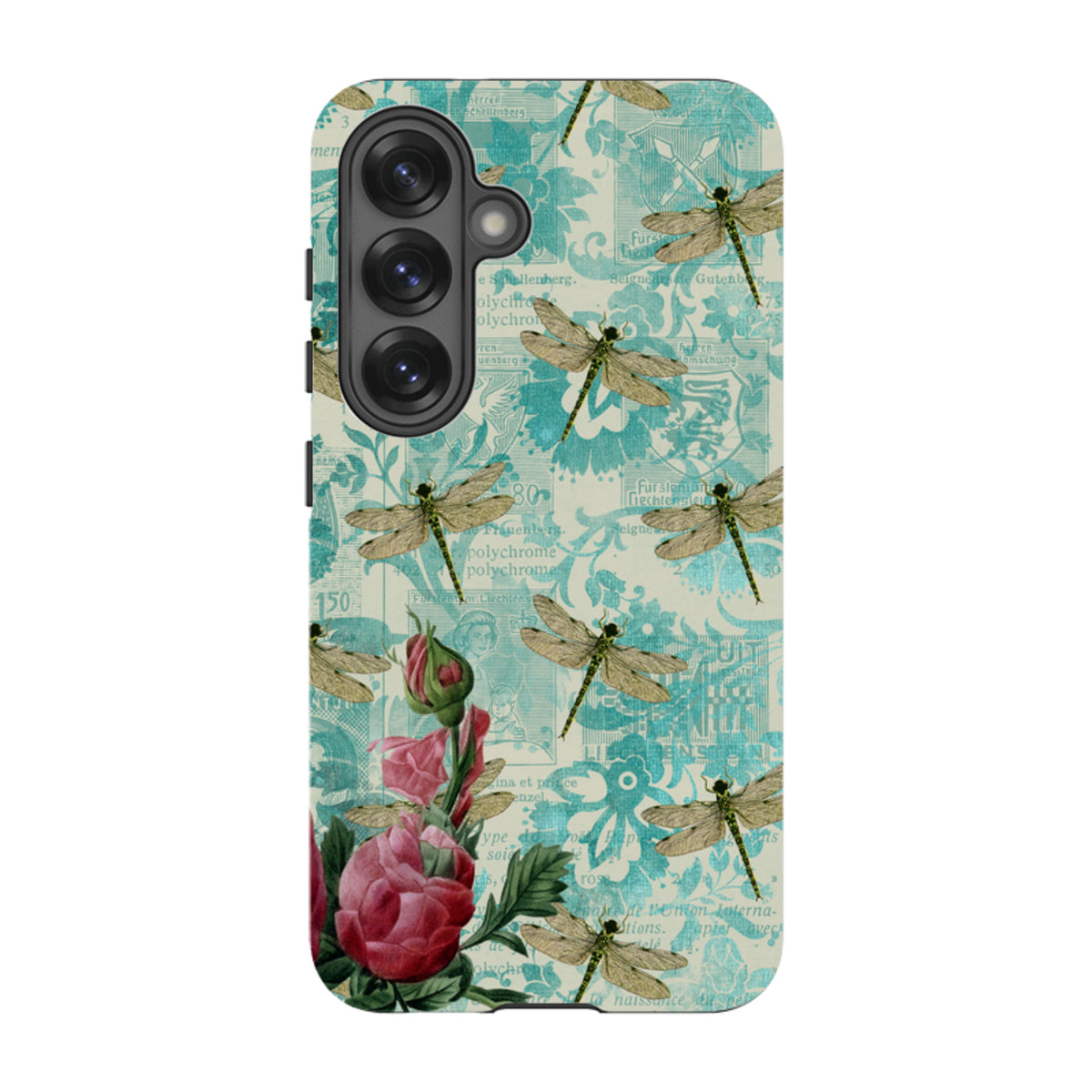 Samsung Tough Case with Dragon Essence art, featuring dragonflies and pink roses on a vintage teal collage background.