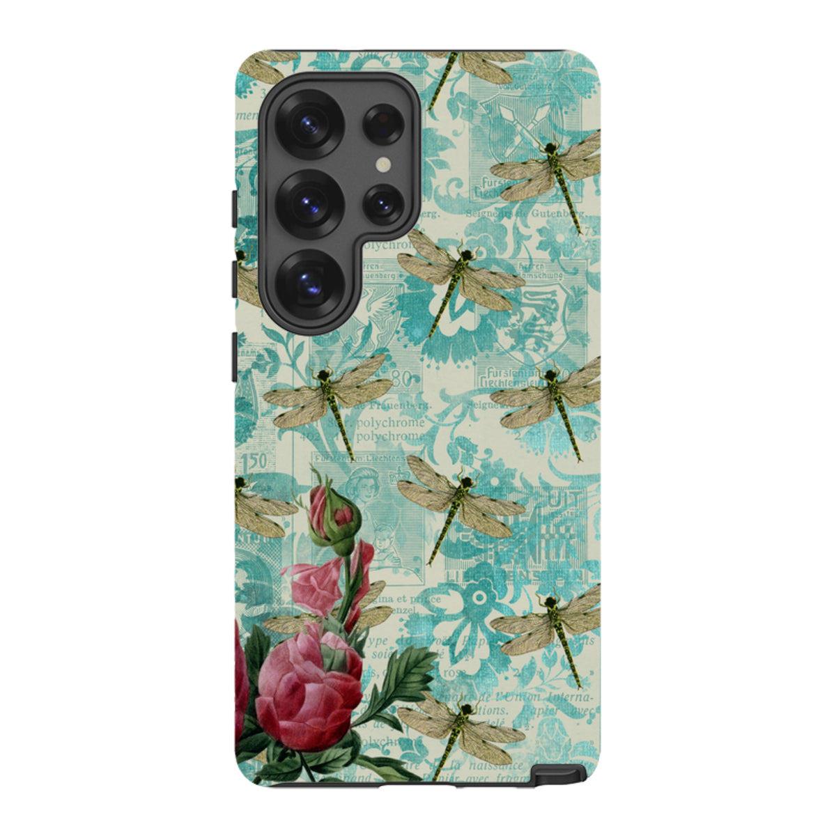 Samsung Tough Case featuring a teal vintage dragonfly and floral collage print with a durable dual-layer design.