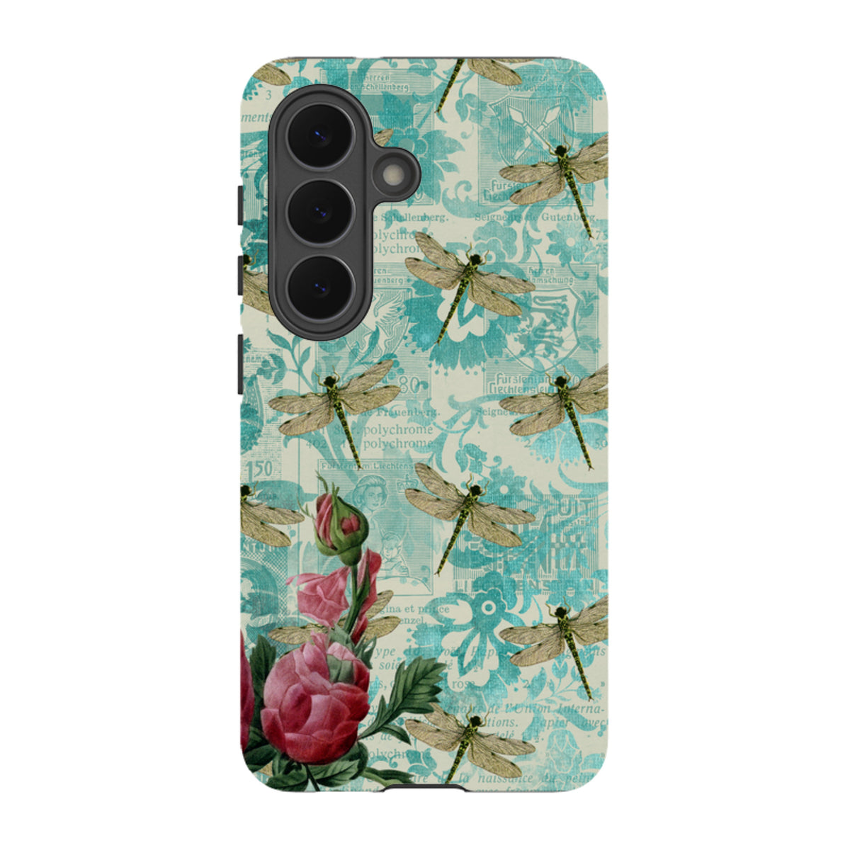 Samsung Tough Case featuring a vintage teal dragonfly and floral pattern with a durable dual-layer protective design.