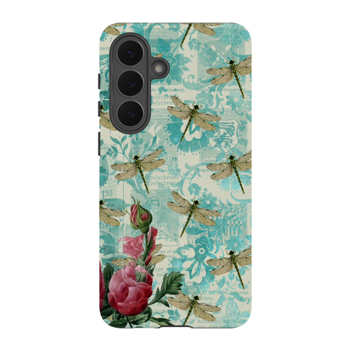 Samsung Tough Case featuring a teal vintage dragonfly and floral pattern with a durable dual-layer protective shell.