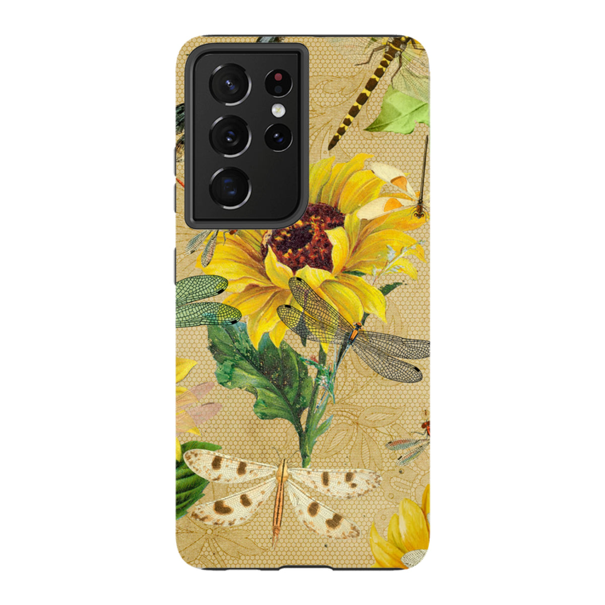 Samsung Tough Case featuring a vibrant dragonfly and sunflower pattern on a tan honeycomb background for Galaxy phones.