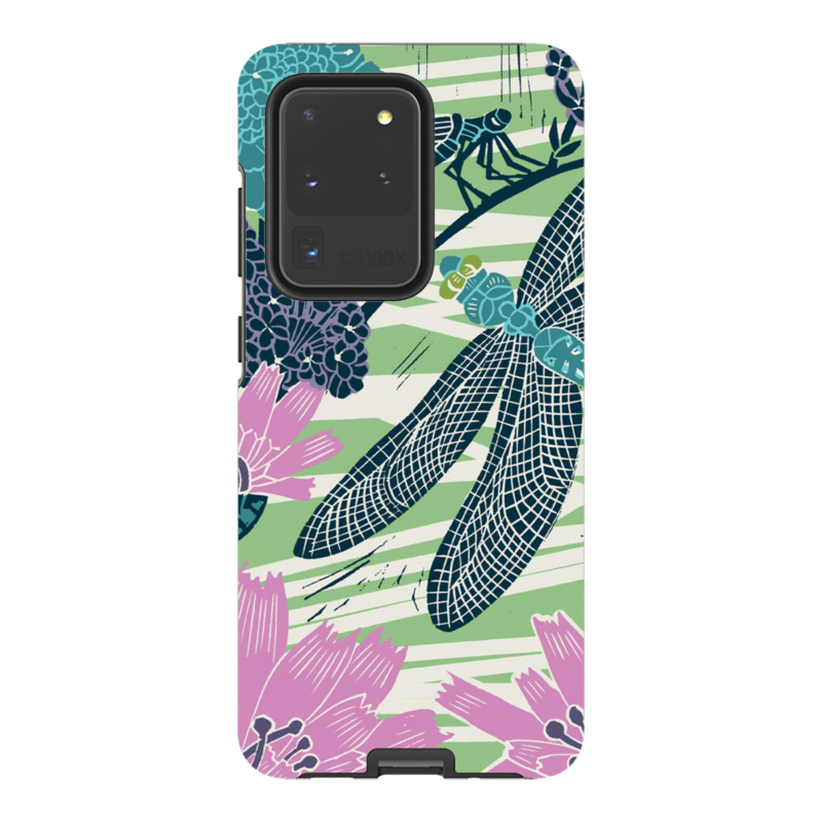Samsung Galaxy tough case featuring Kate Heiss dragonfly and floral art in pink, teal, and green on a striped background.