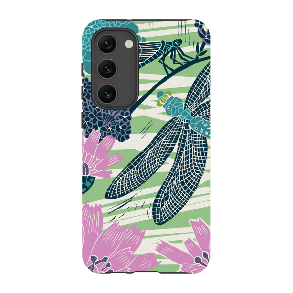 Samsung Tough Case featuring Kate Heiss dragonfly and floral art in teal, pink, and green on a dual-layer protective shell.