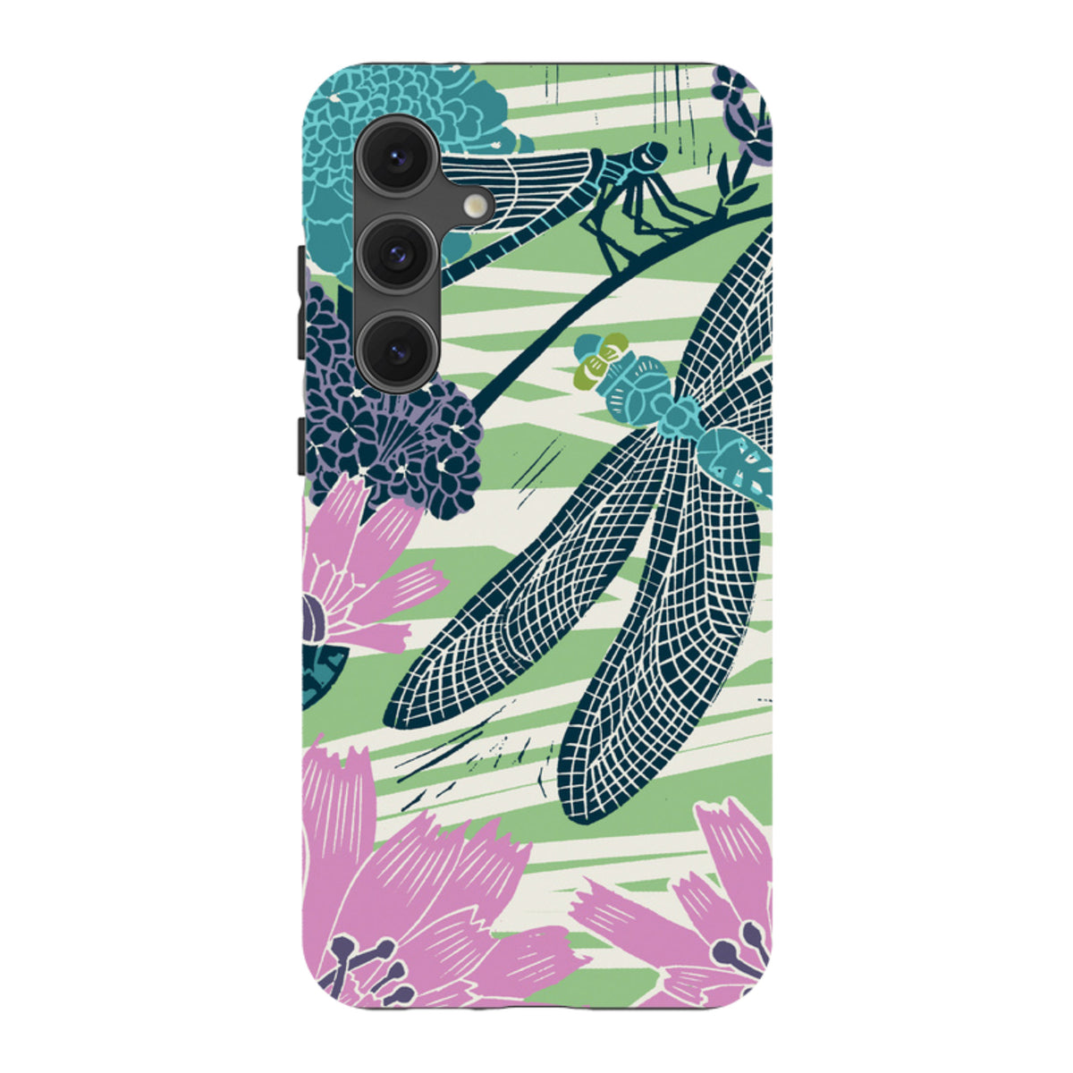 Samsung Tough Case featuring Kate Heiss dragonfly and floral art in teal, pink, and green on a durable dual-layer shell.
