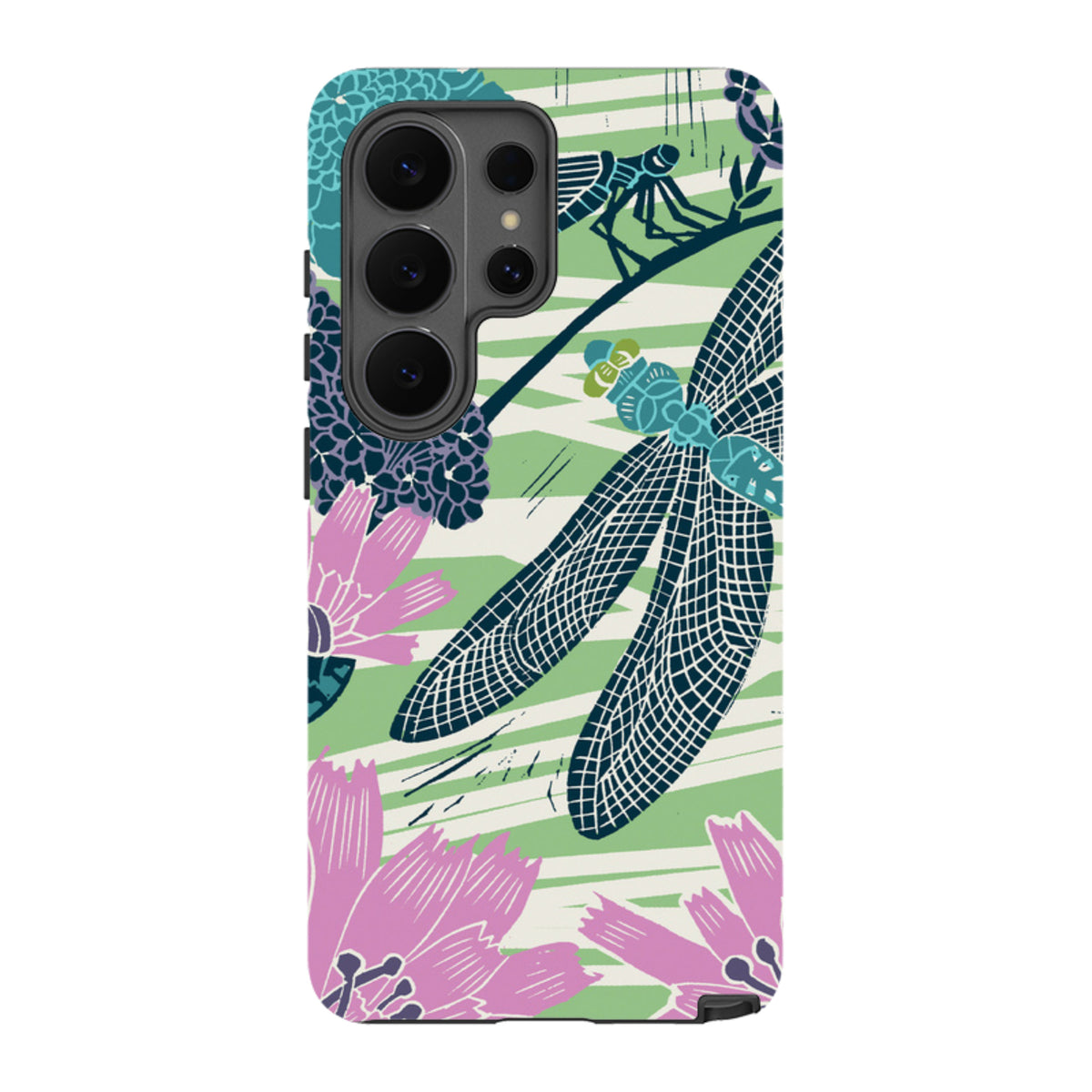 Samsung Galaxy tough case featuring Kate Heiss dragonfly and floral art in teal, pink, and green on a dual-layer shell.