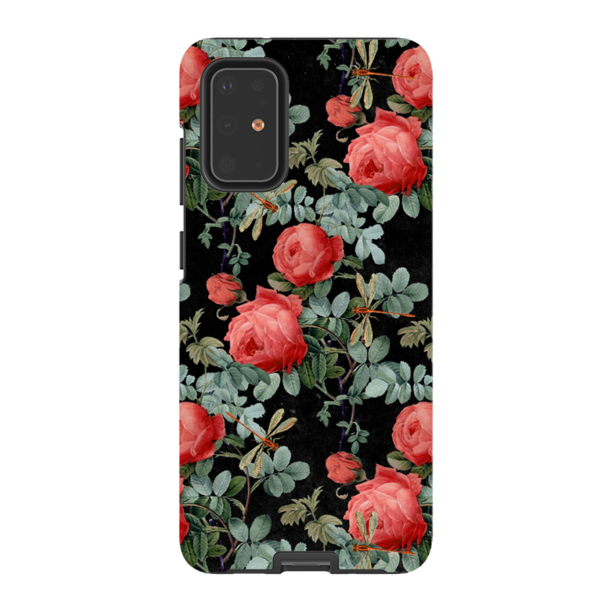 Samsung tough phone case featuring a black background with vibrant red roses and dragonflies in a dual-layer design.