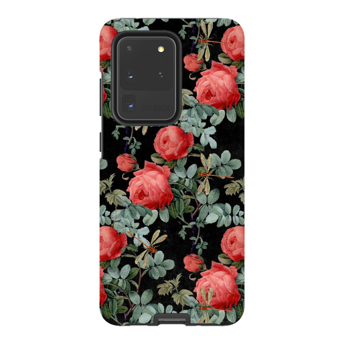 Samsung Galaxy tough case featuring a black background with vibrant red roses and dragonflies in a dual-layer design.