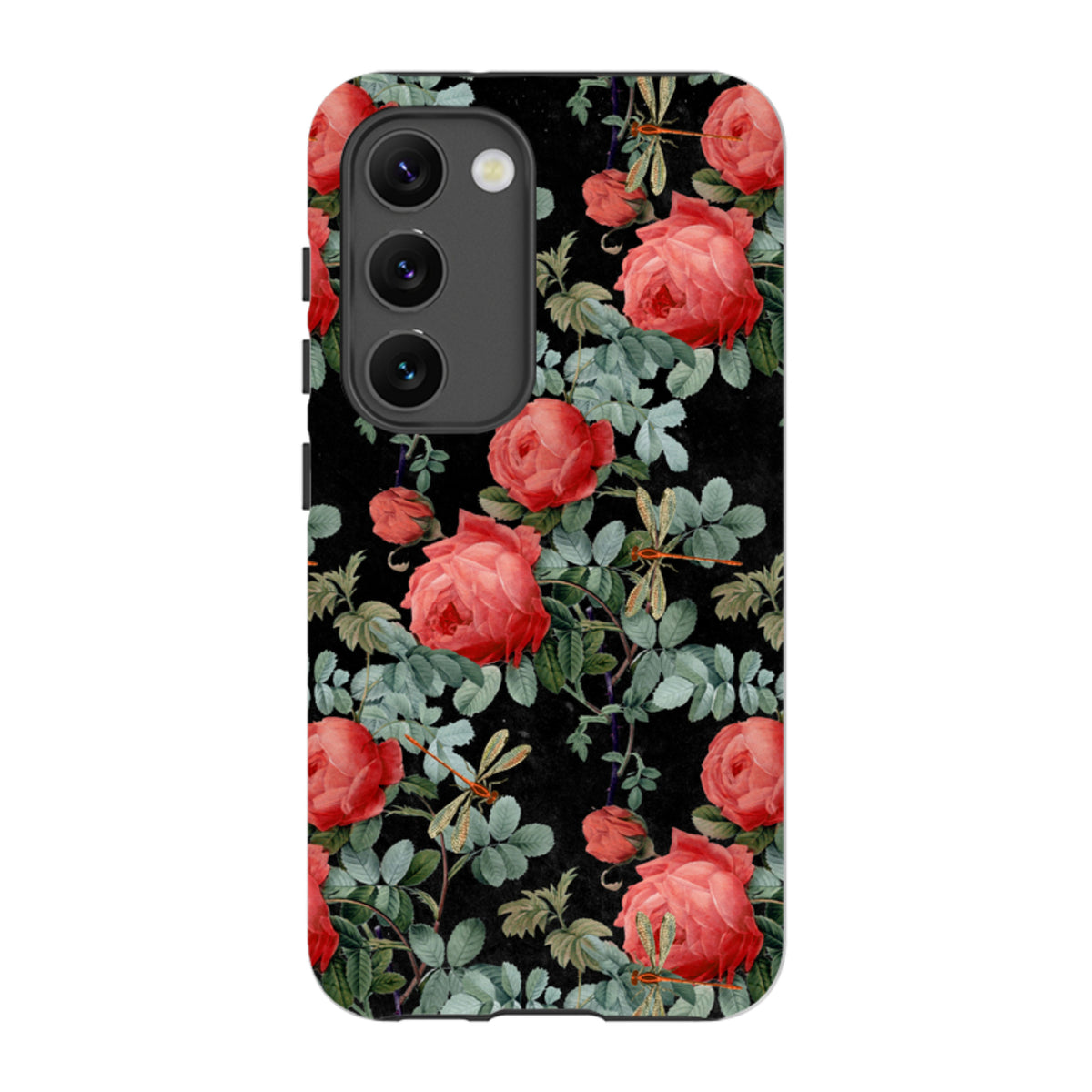 Samsung tough phone case featuring a black background with vibrant red roses and dragonflies in a dual-layer protective design.