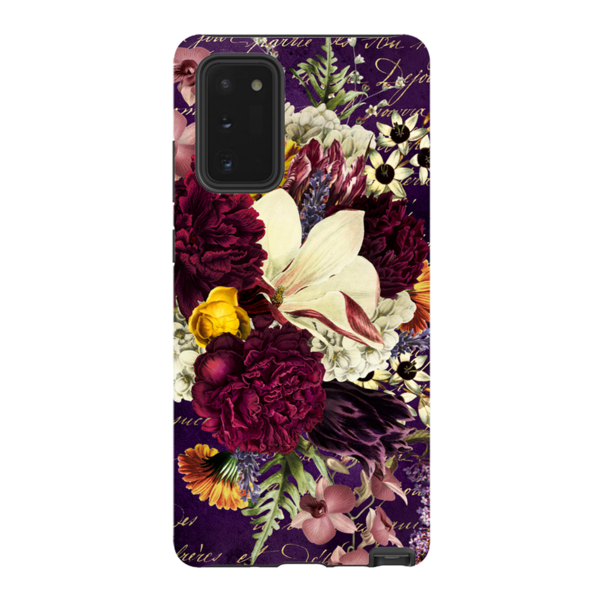 Samsung Tough Case featuring a vibrant floral bouquet design on a dark purple background with vintage script accents.
