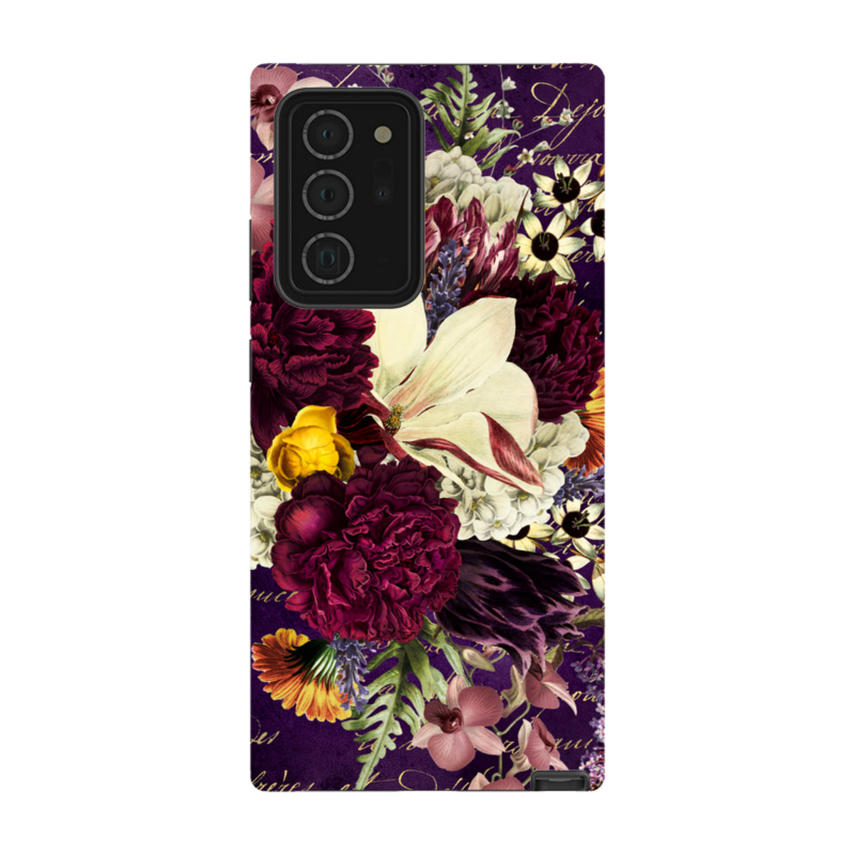 Samsung Galaxy tough case featuring a vibrant floral design with dark purple background and elegant script accents.