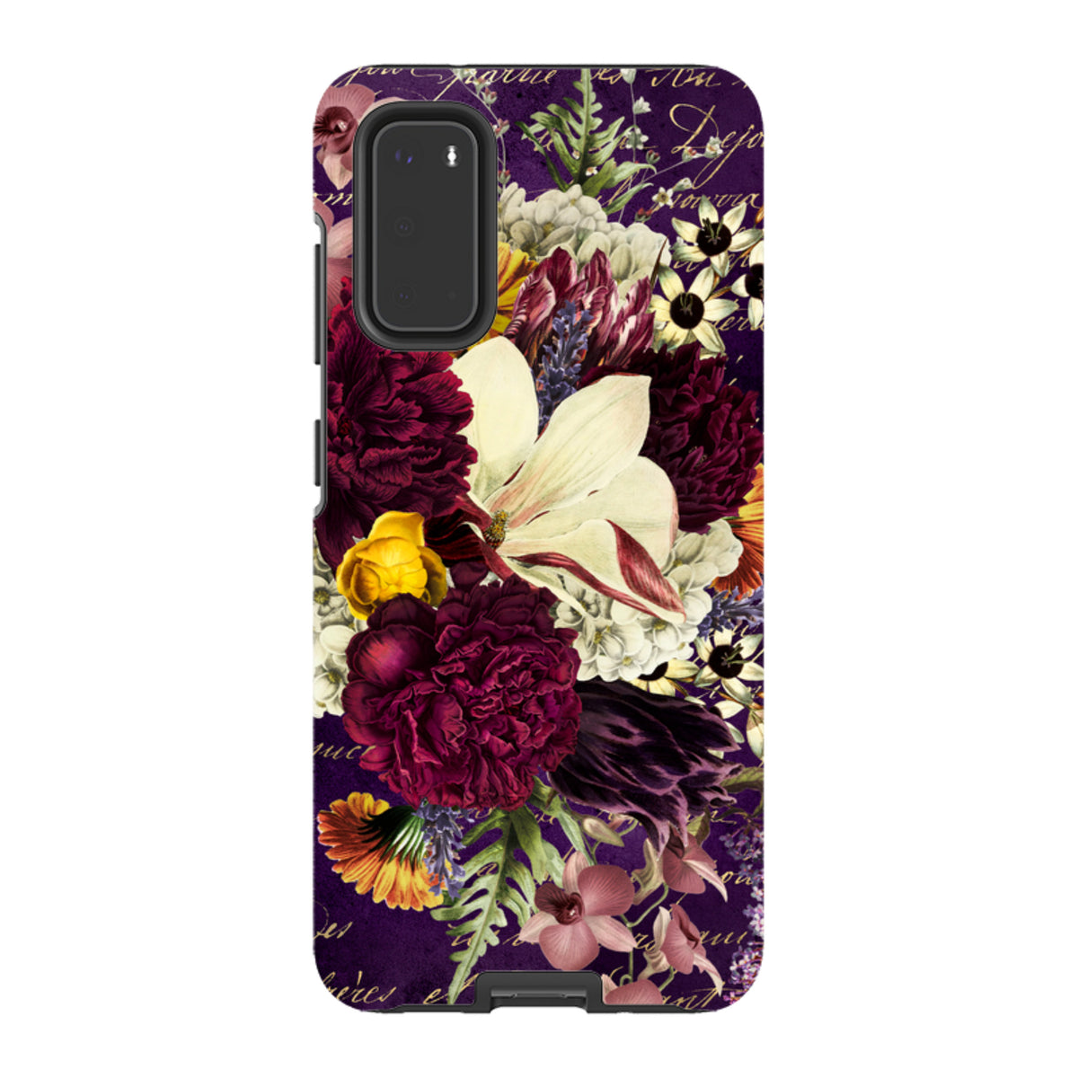 Samsung Tough Case featuring a vibrant floral bouquet design with deep purple, burgundy, and yellow blooms on a dark background.