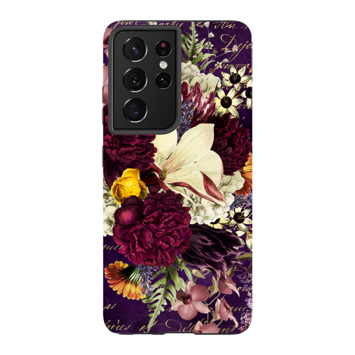Samsung Galaxy tough case featuring a vibrant floral bouquet design on a deep purple background with script accents.