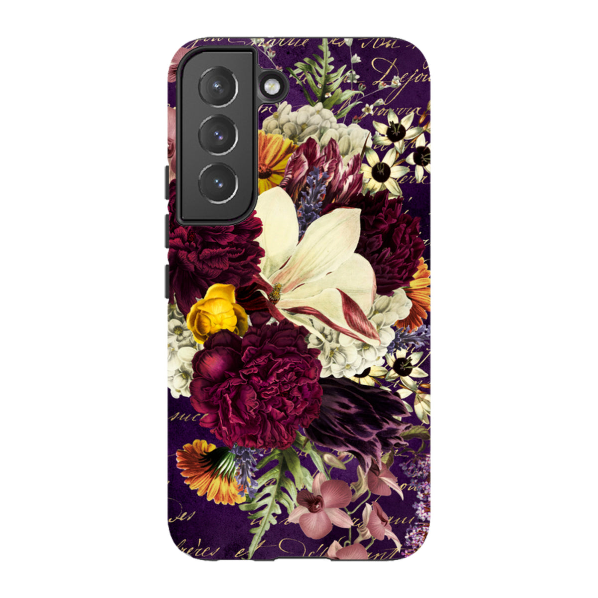 Samsung Tough Case featuring a vibrant floral bouquet on a deep purple background with elegant script accents.