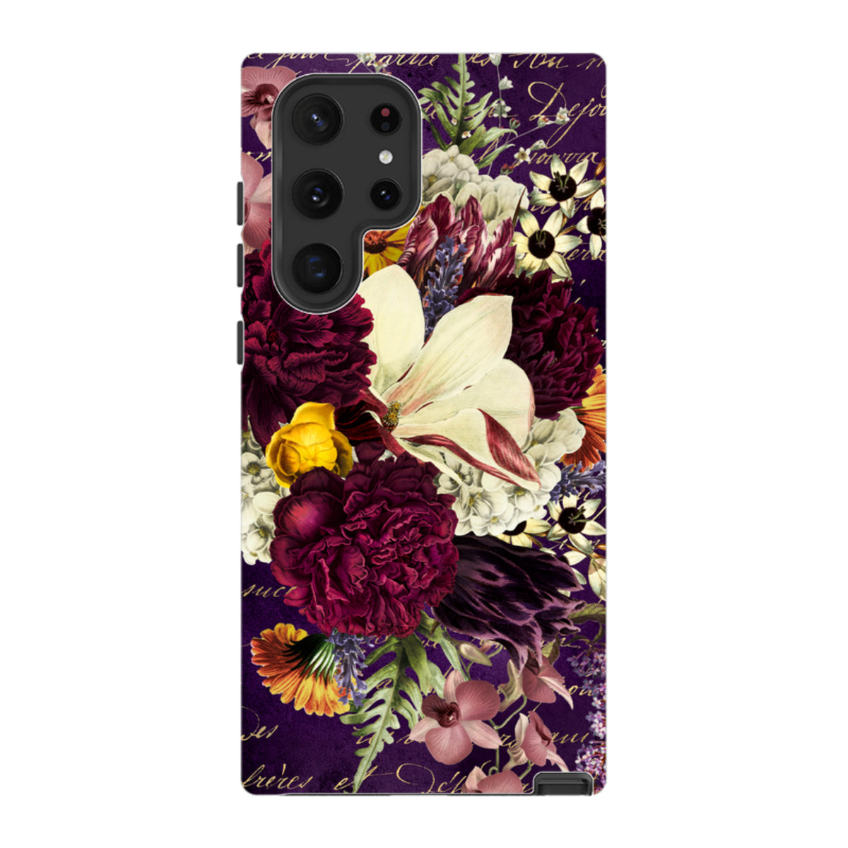 Samsung Tough Case featuring a vibrant floral bouquet design on a deep purple background with vintage script accents.
