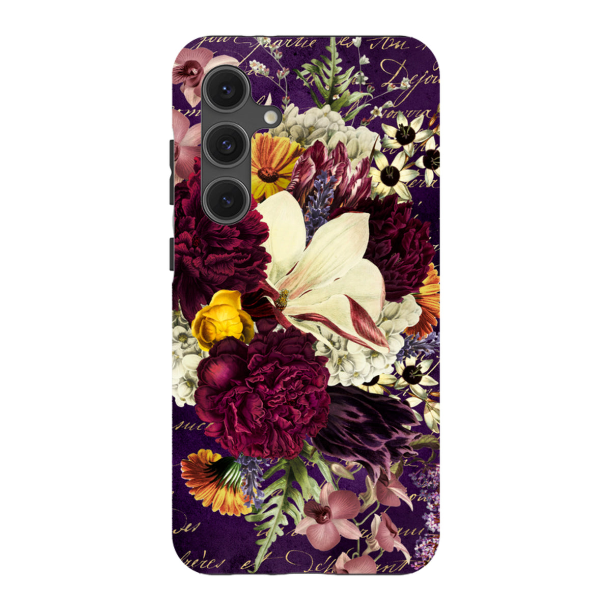 Samsung Tough Case featuring a vibrant floral bouquet design on a deep purple background with vintage script accents.