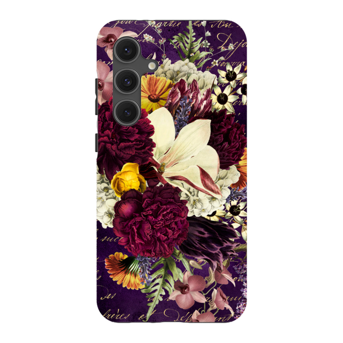 Samsung Tough Case featuring a vibrant floral bouquet design on a deep purple background with vintage script accents.