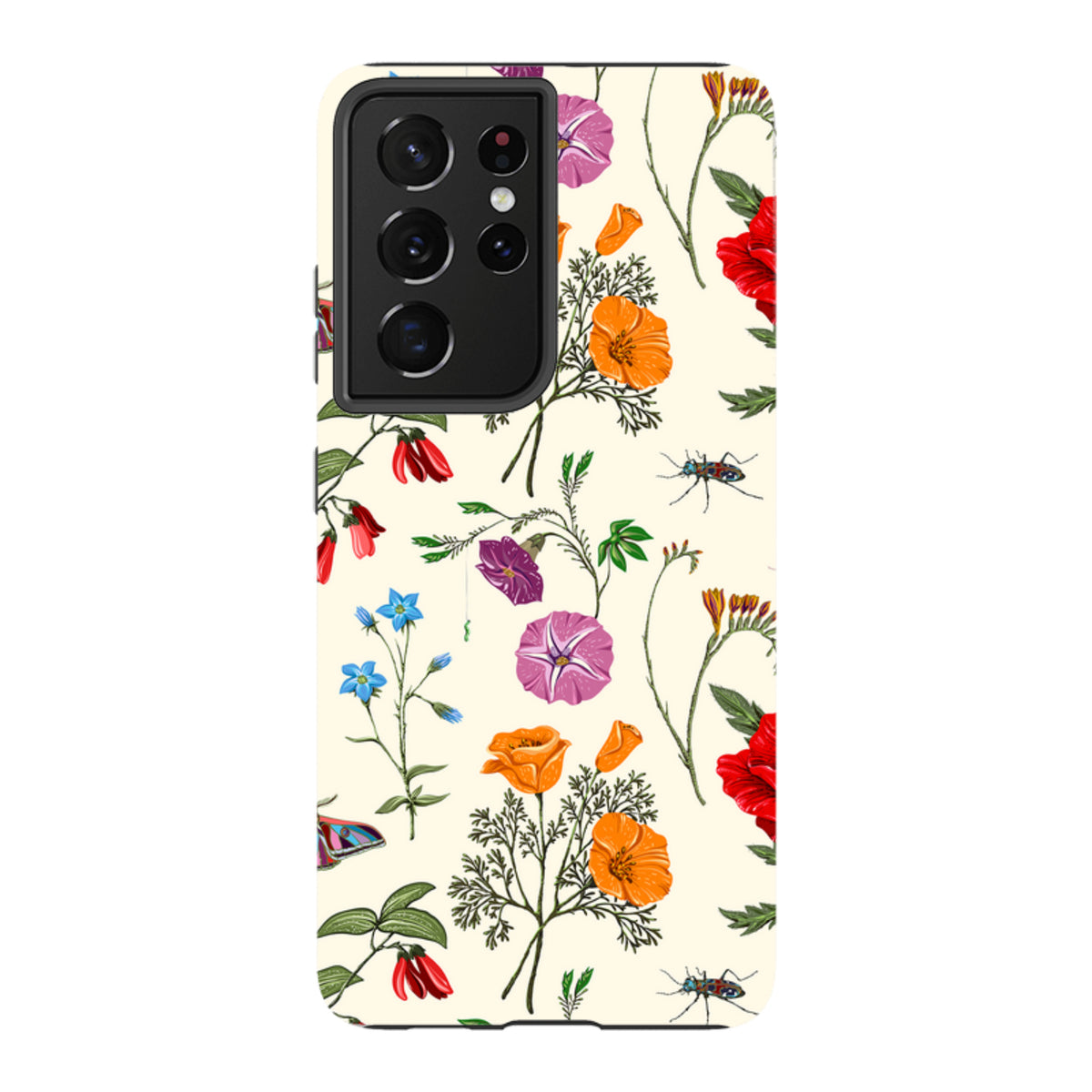 Samsung Galaxy tough case featuring a cream background with vibrant botanical floral and insect illustrations.