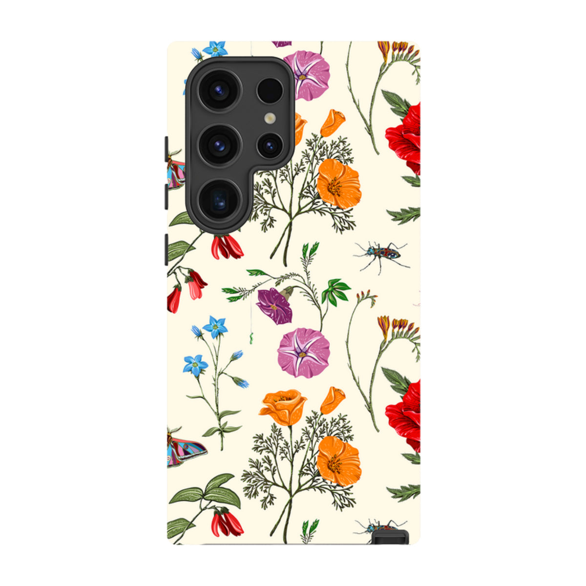 Samsung Galaxy tough case with a cream background featuring a colorful botanical print of wildflowers, butterflies, and bugs.