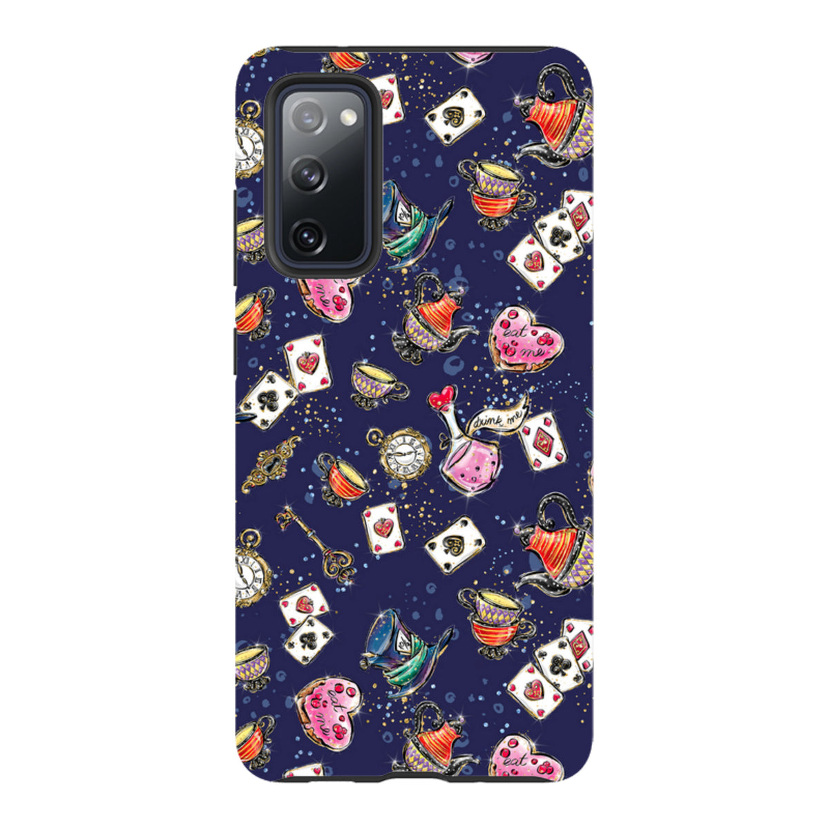 Samsung Tough Case featuring a whimsical Fairytale pattern with teapots, playing cards, and clocks on a navy background.