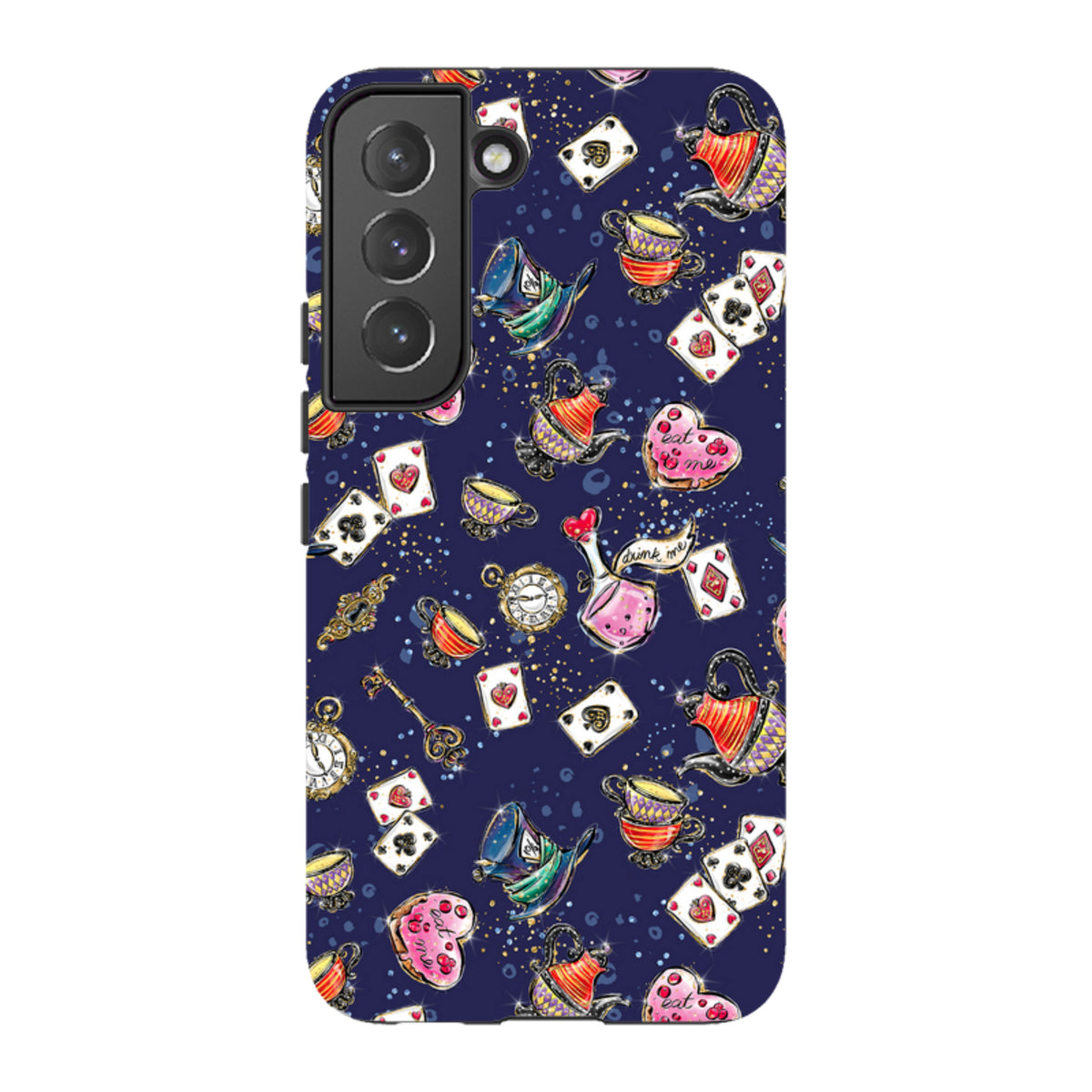 Samsung Tough Case featuring a dark blue Alice in Wonderland pattern with teapots, playing cards, and clocks.