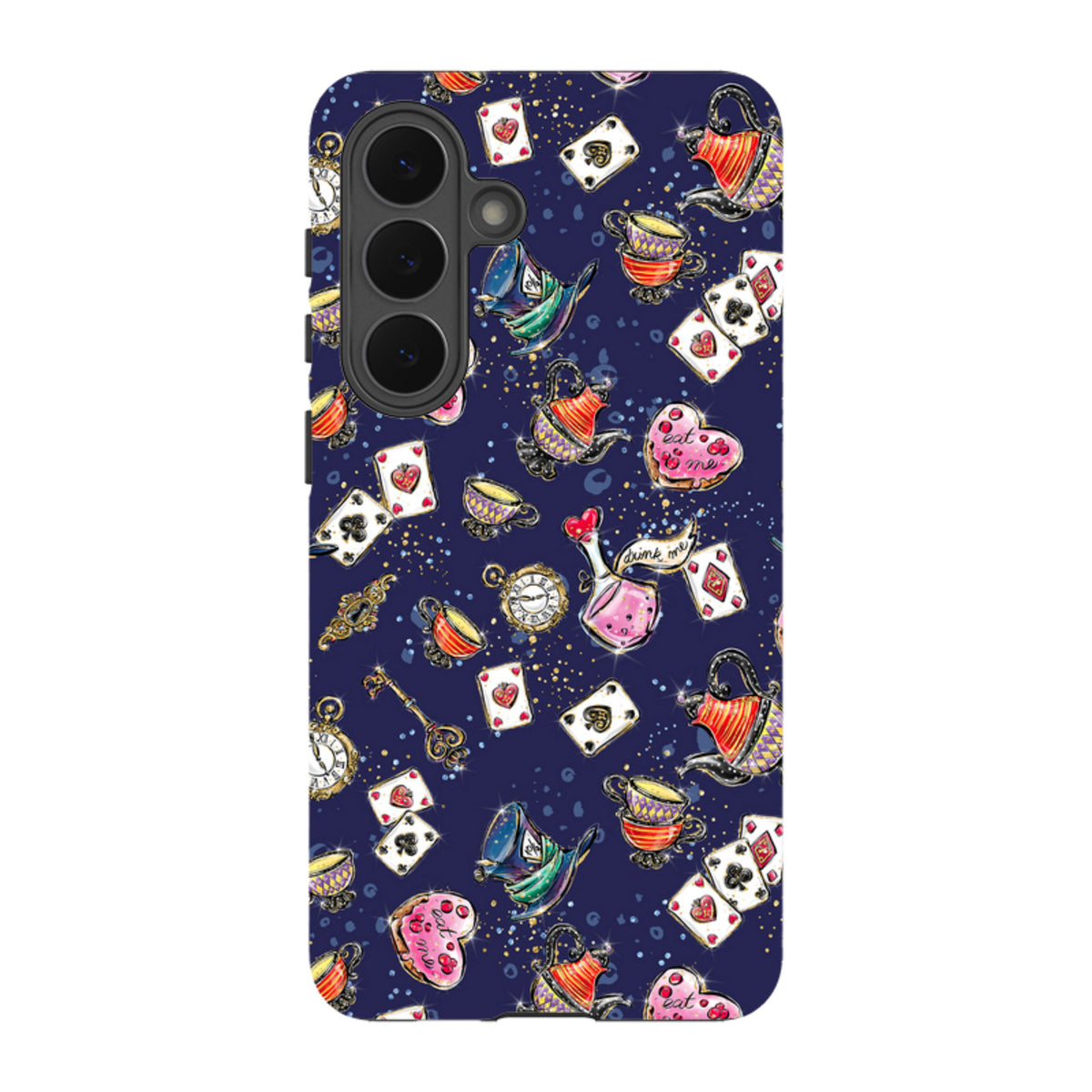 Samsung Tough Case with a dark blue Fairytales pattern featuring teapots, playing cards, and clocks in a dual-layer design.