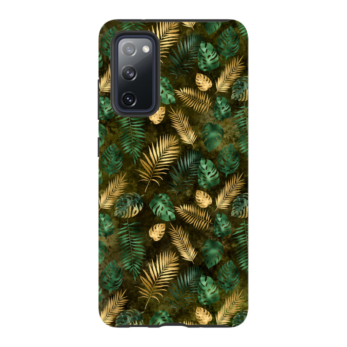 Samsung Tough Case featuring a dark green background with gold and emerald tropical leaf patterns and camera cutout.
