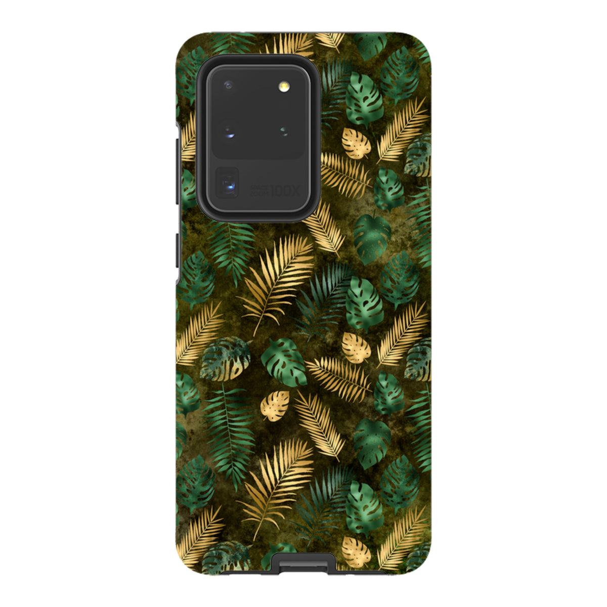 Samsung Tough Case featuring a green and gold tropical leaf pattern on a durable dual-layer protective shell.