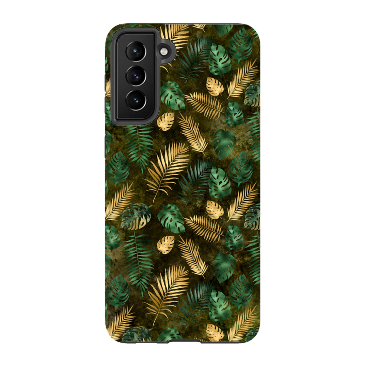 Samsung Tough Case featuring a green and gold tropical leaf pattern on a durable dual-layer protective shell.