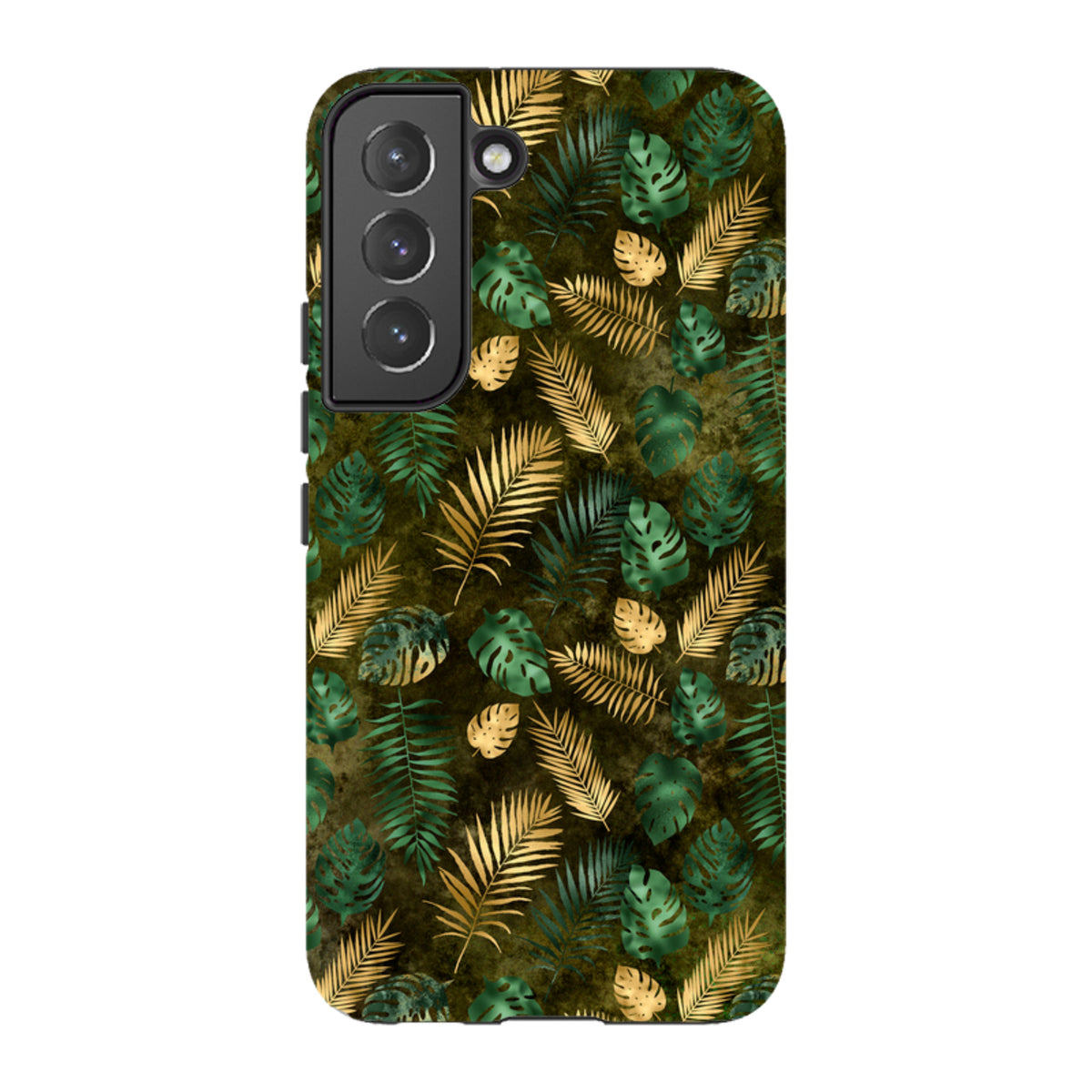 Samsung Tough Case featuring a green and gold tropical leaf pattern on a durable dual-layer protective shell.