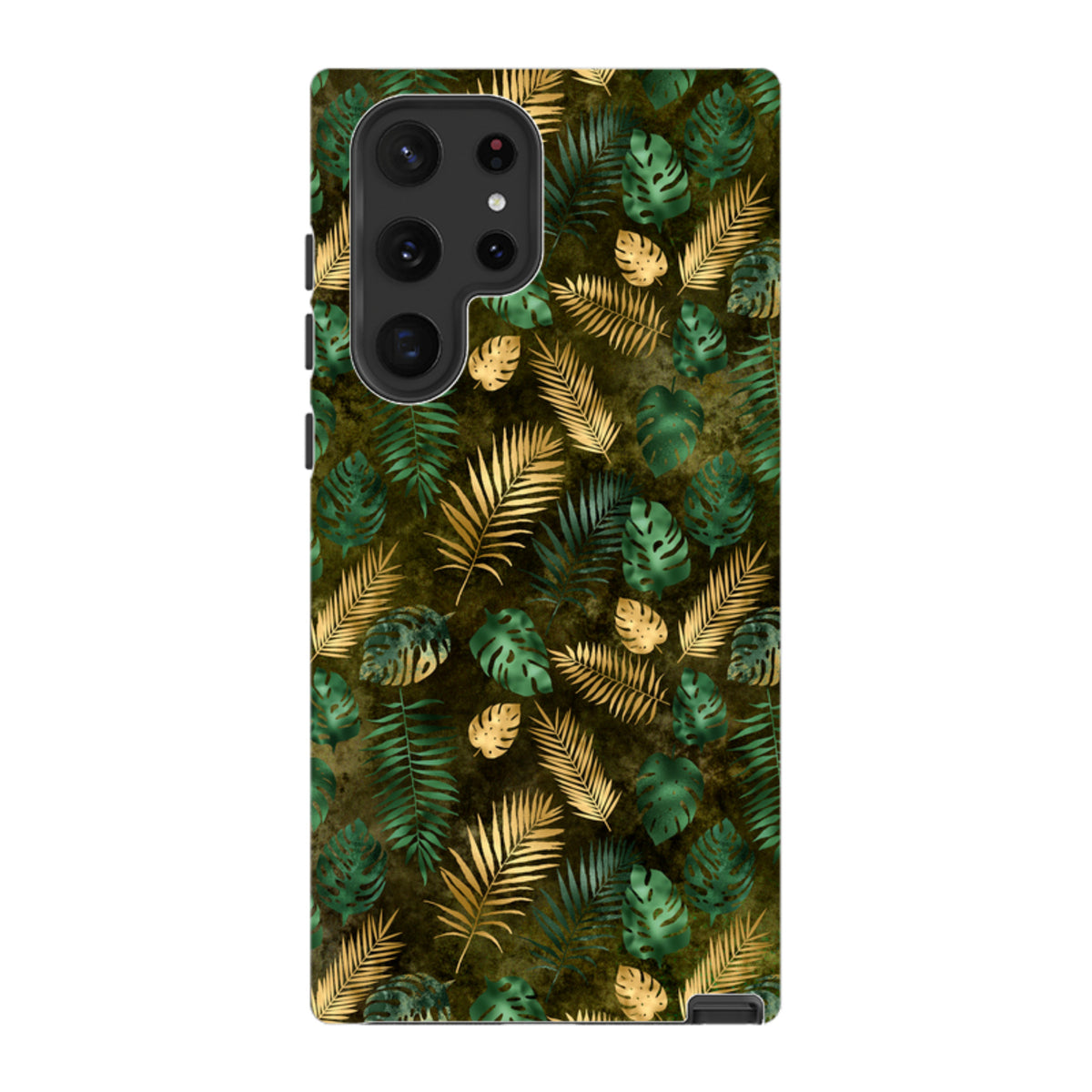 Samsung Galaxy tough case featuring a vibrant green and gold tropical leaf pattern with a dual-layer protective design.