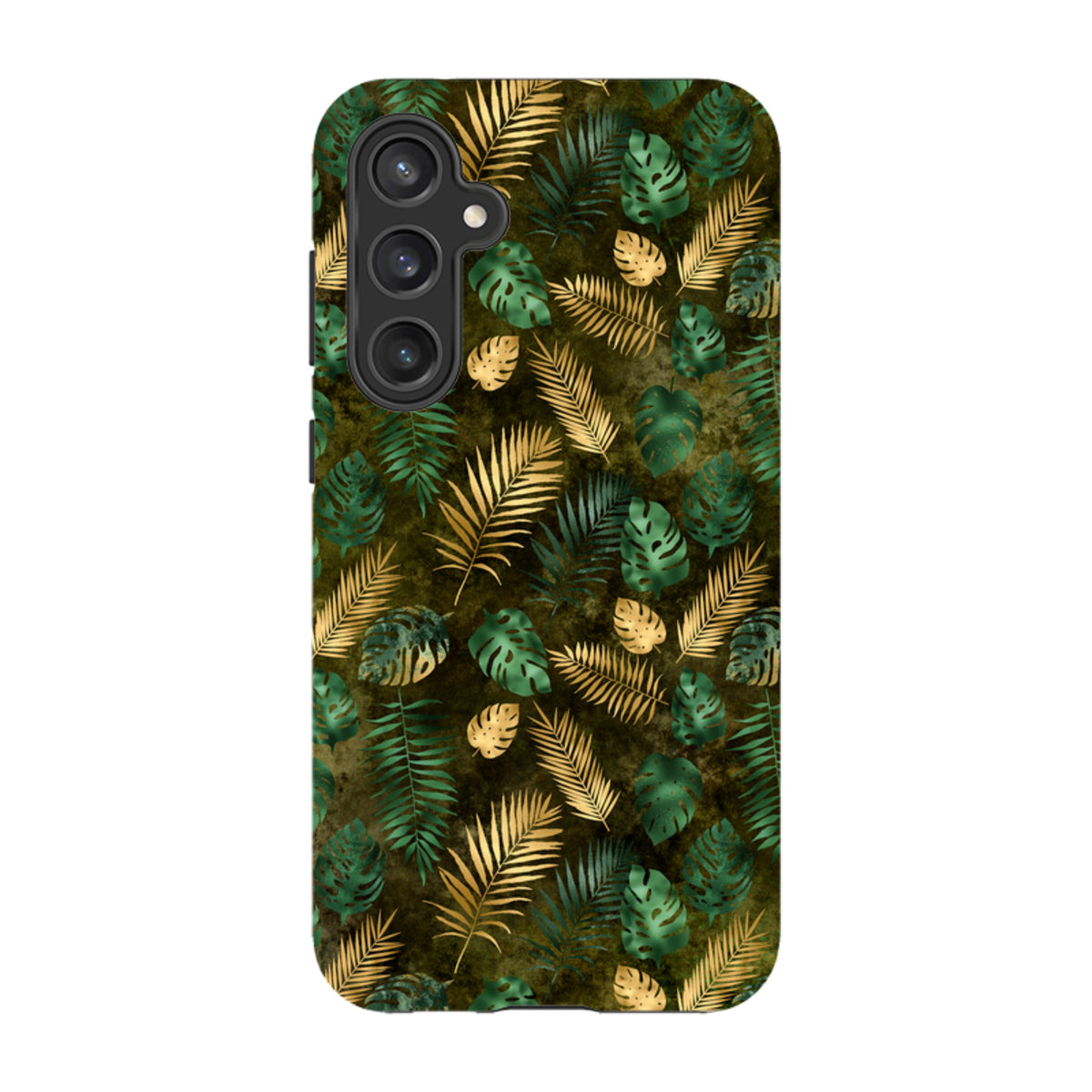 Samsung Tough Case featuring a green and gold tropical leaf pattern on a durable dual-layer phone cover.