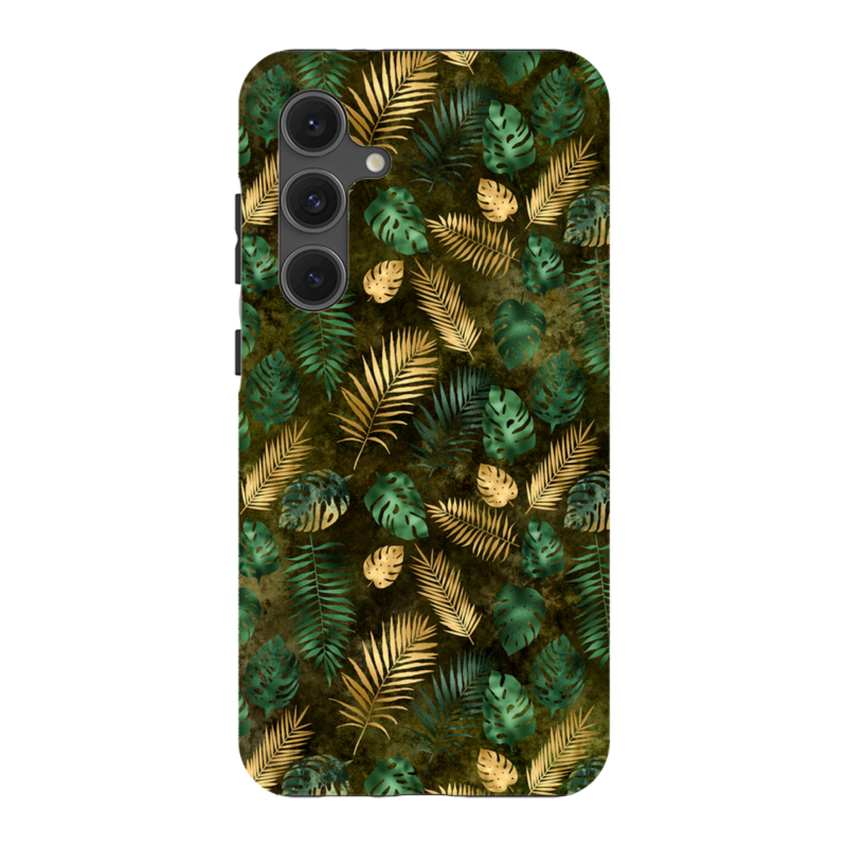 Samsung Tough Case featuring a dark green background with gold and emerald tropical leaf patterns.