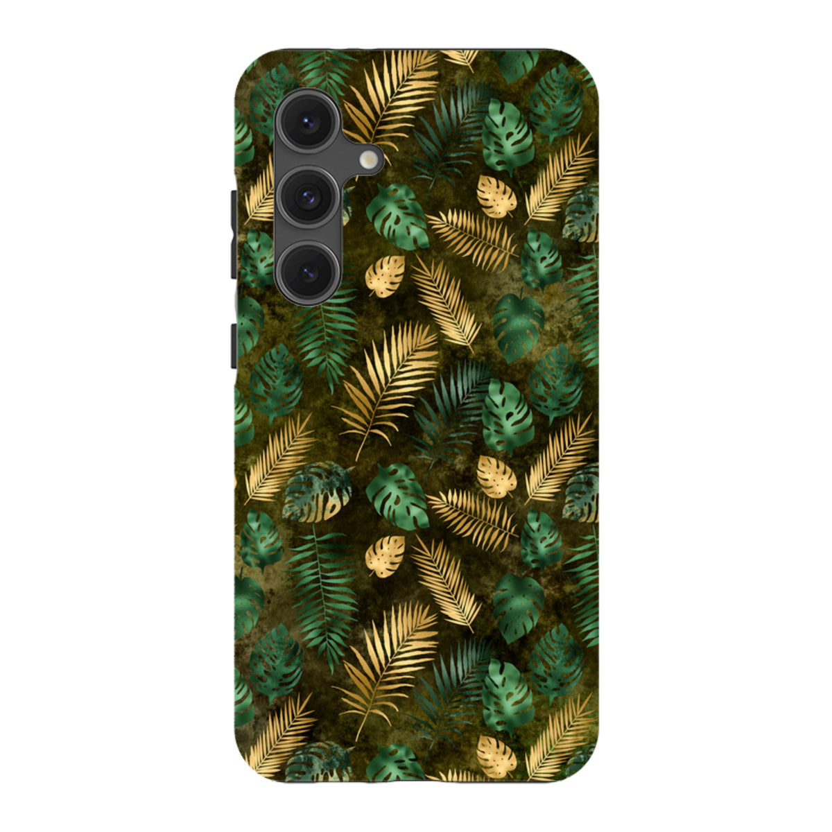 Samsung Tough Case featuring a green and gold tropical leaf pattern on a durable dual-layer protective shell.
