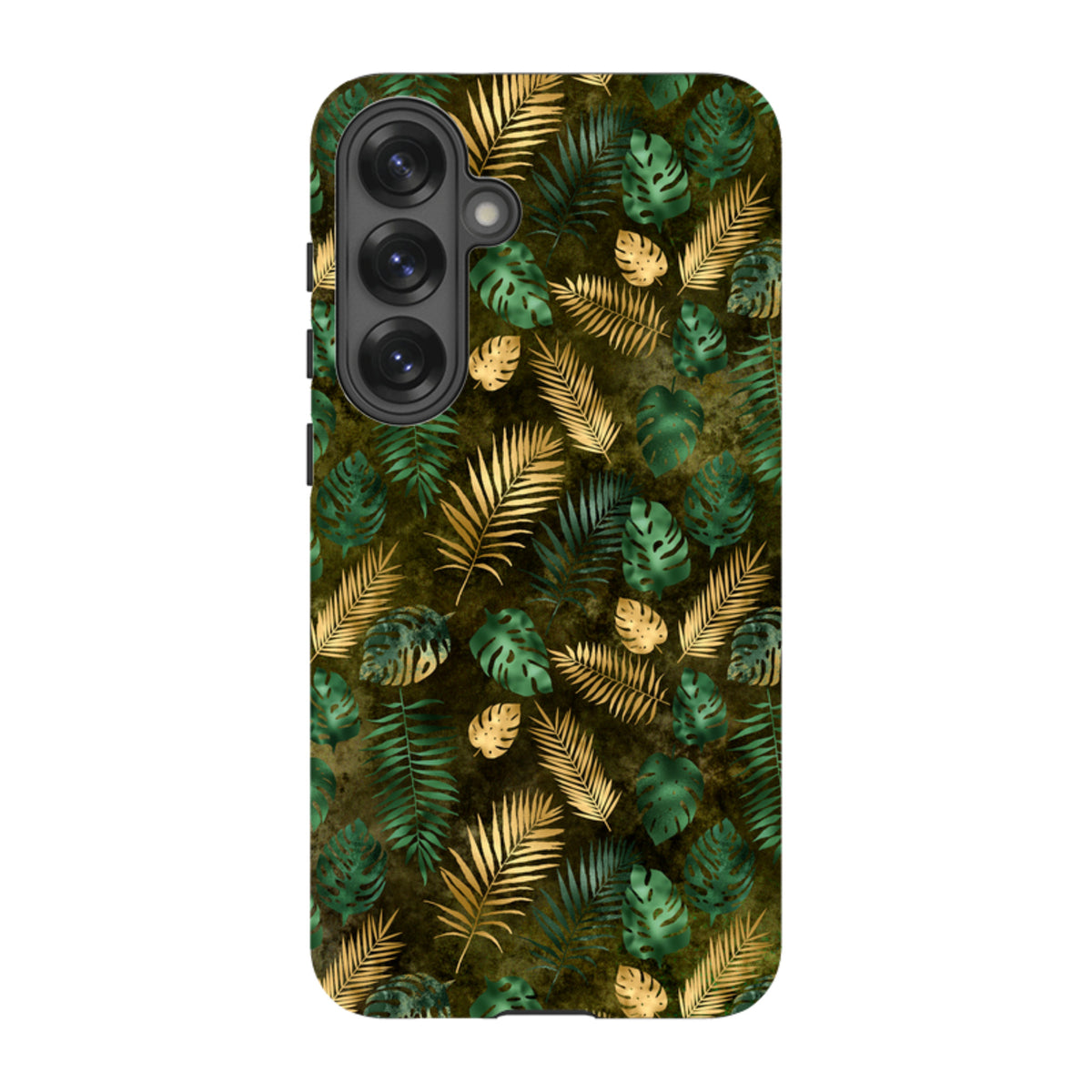 Samsung Tough Case featuring a dark green background with gold and emerald tropical leaf patterns.