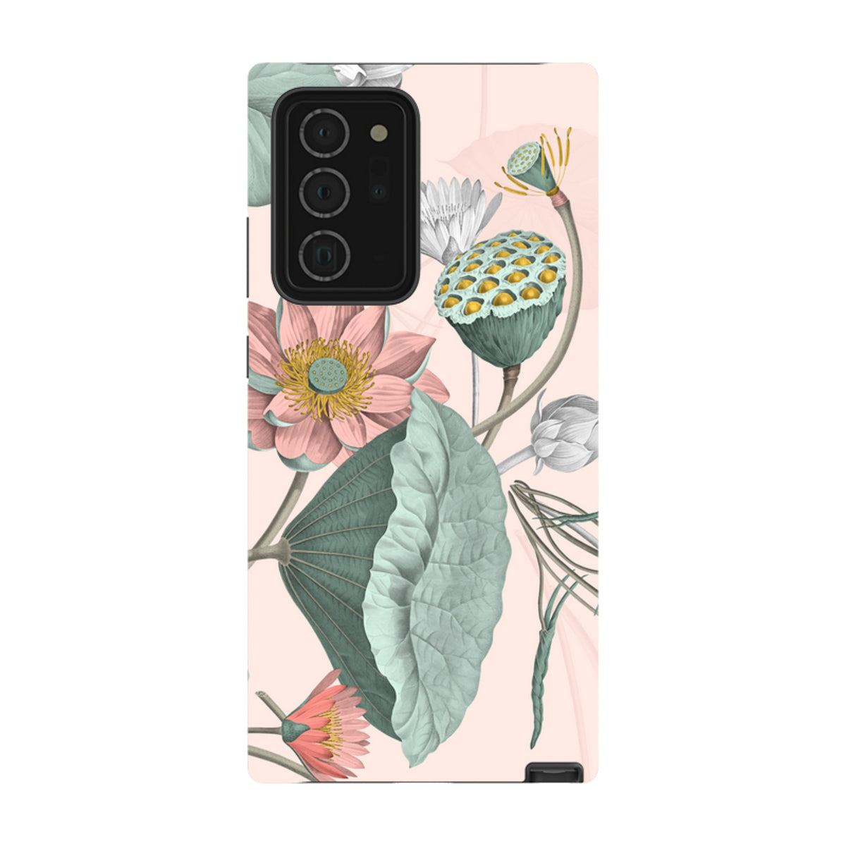 Samsung Tough Case featuring a botanical lotus flower print in soft pink and sage green on a durable dual-layer shell.