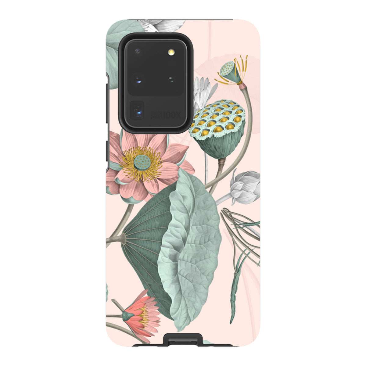 Samsung Tough Case featuring a botanical Finchcocks print with pink lotus flowers and green leaves on a soft peach background.