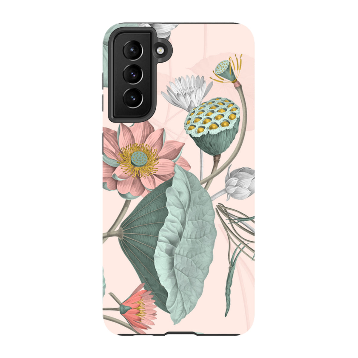 Samsung Tough Case featuring a botanical Finchcocks print with pink lotus flowers and green leaves on a soft peach background.