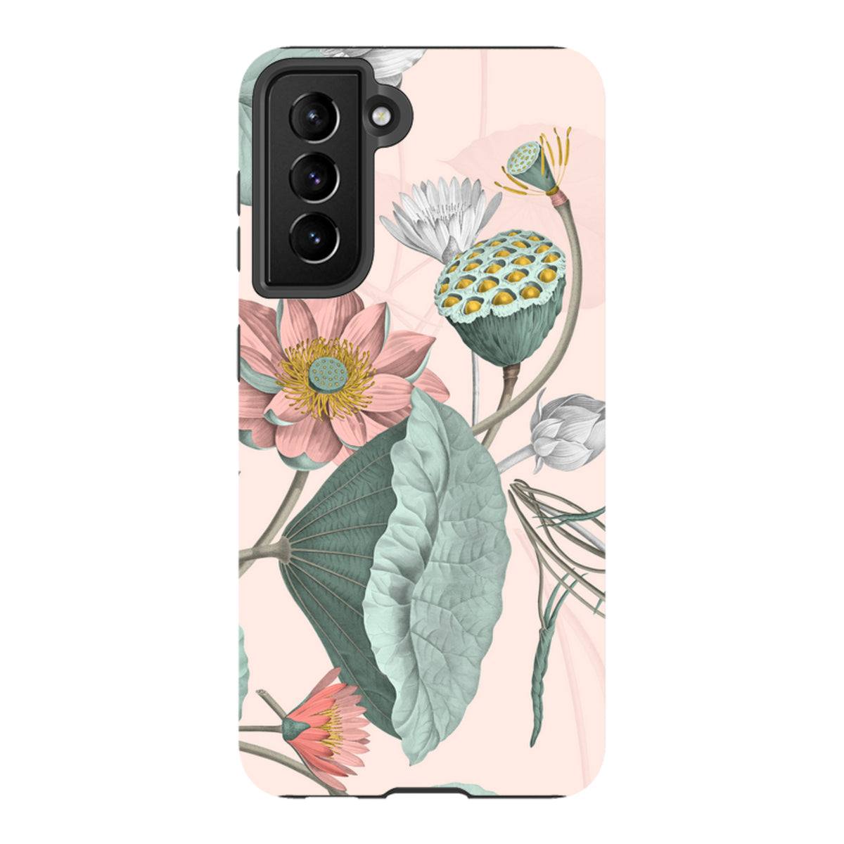 Samsung Tough Case featuring a botanical Finchcocks print with pink lotus flowers and green leaves on a soft peach background.